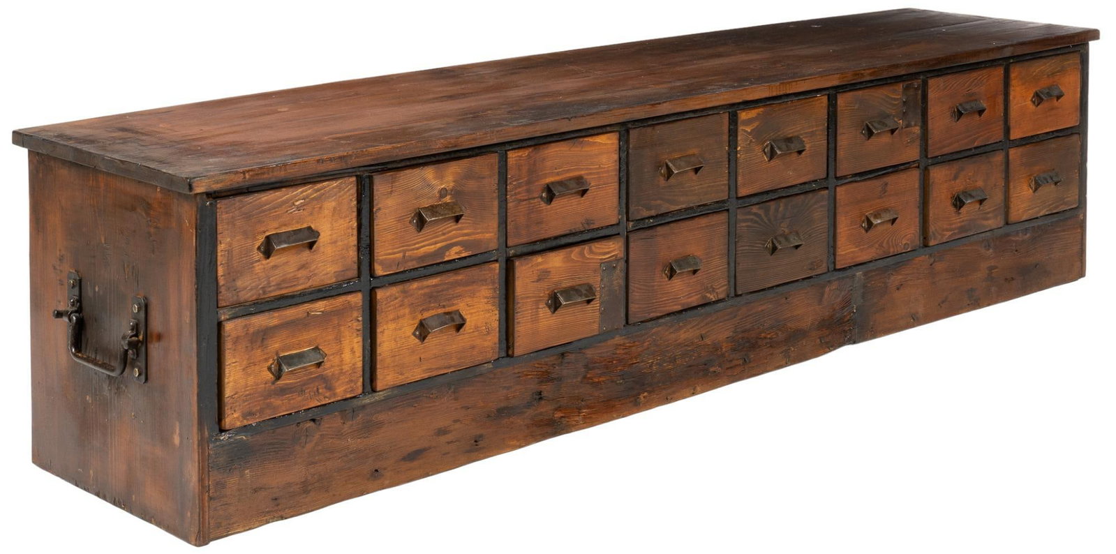 Apothecary Cabinet: Apothecary cabinet, with wooden top, handles at either side, eighteen small drawers height 22.5 in. x width 95 in. x depth 22 in. We happily provide seamless shipping services on everything we sell. P