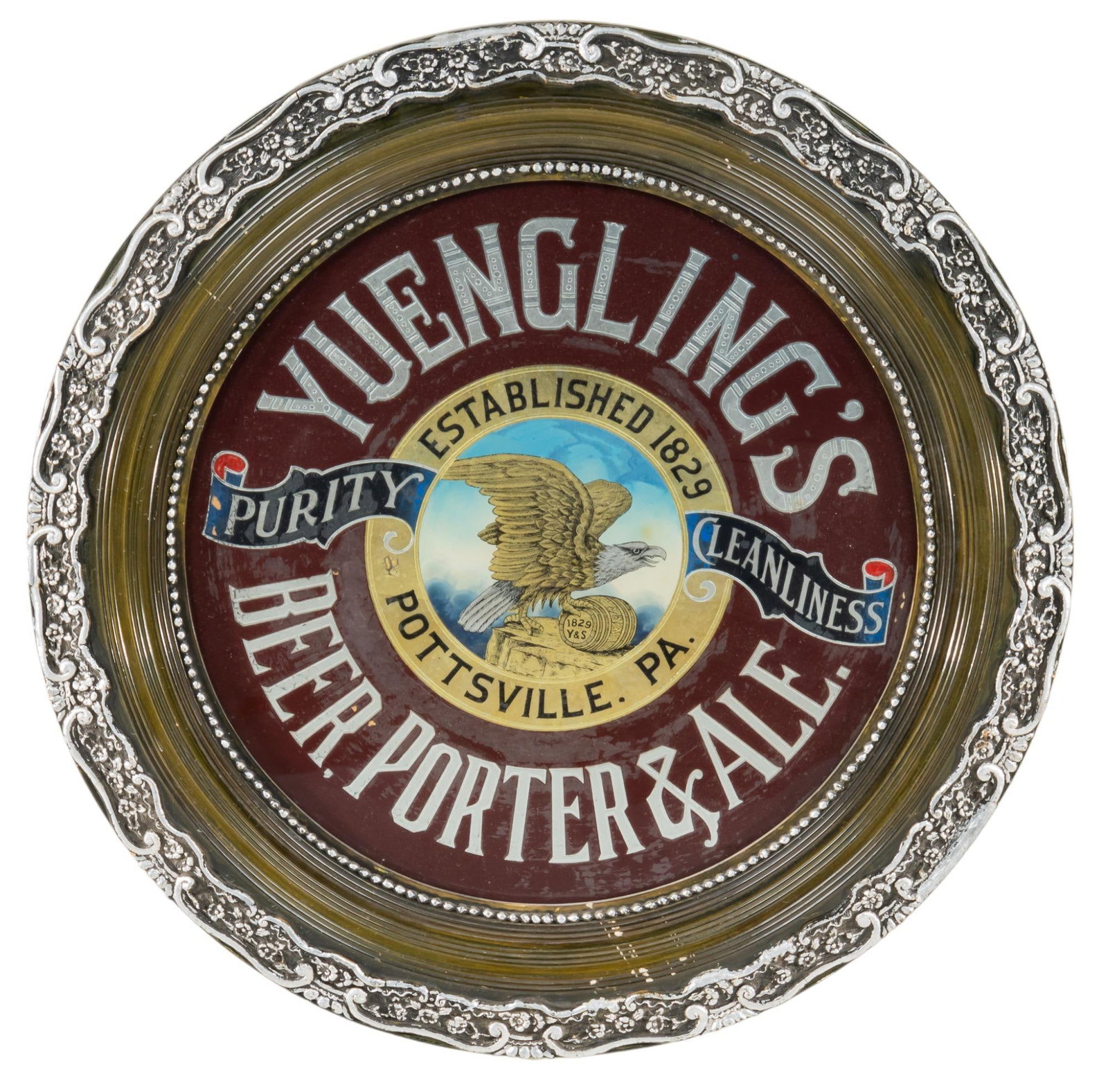 Yuengling's Beer Advertising Sign: Vintage Yuengling's Beer glass advertising sign by Rodier & Fitzgerald (New York, USA), embossed and reversed painted diameter 25 in. x depth 1 in. Provenance: Property from a large historic