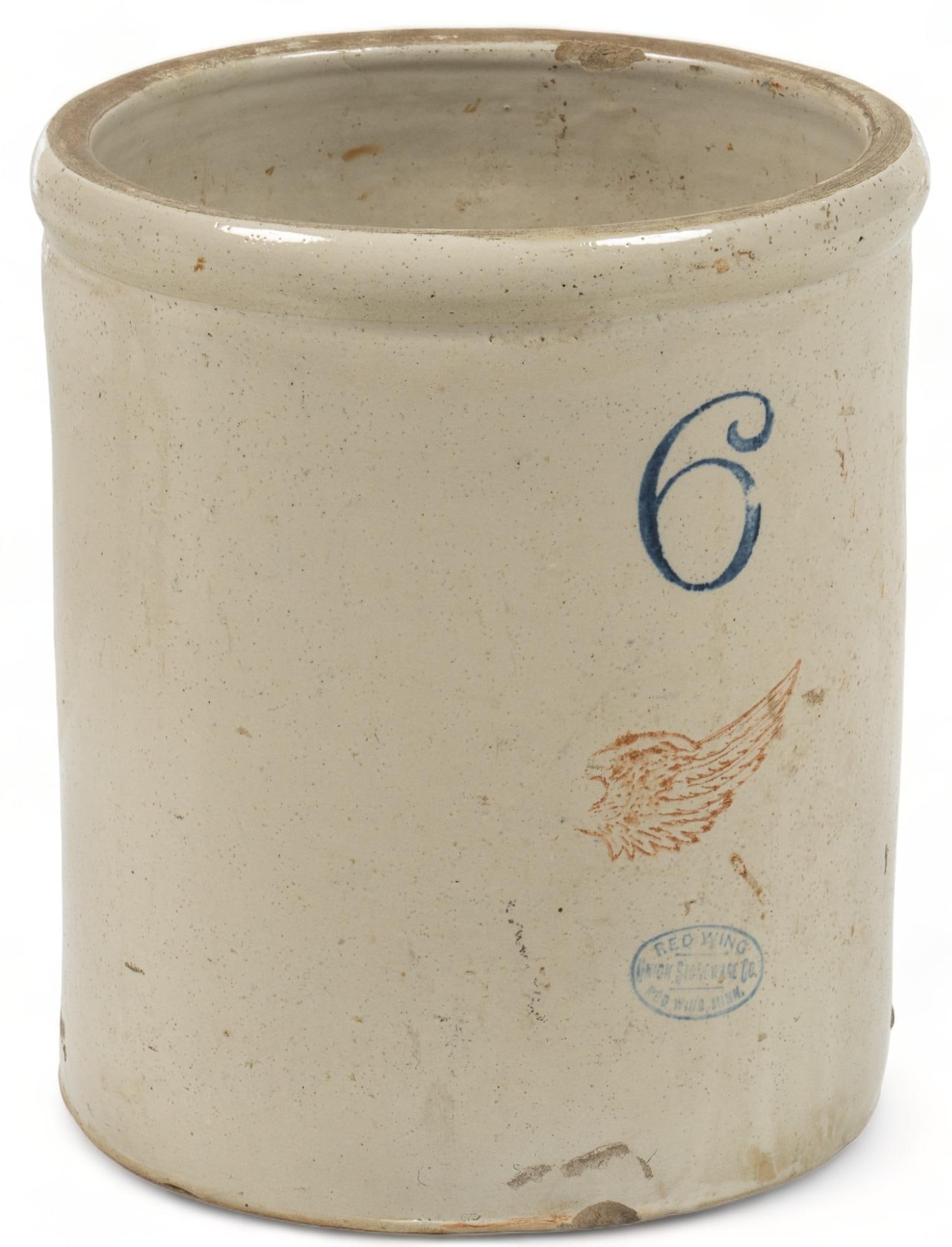 Red Wing Union Stoneware Co. Crock: Red Wing Union Stoneware Company (Red Wing, Minnesota) six gallon stoneware crock, with Bristol glaze, marked with logo and cobalt blue "6" height 14.5 in. x width 12.5 in. x depth 12.5 in.