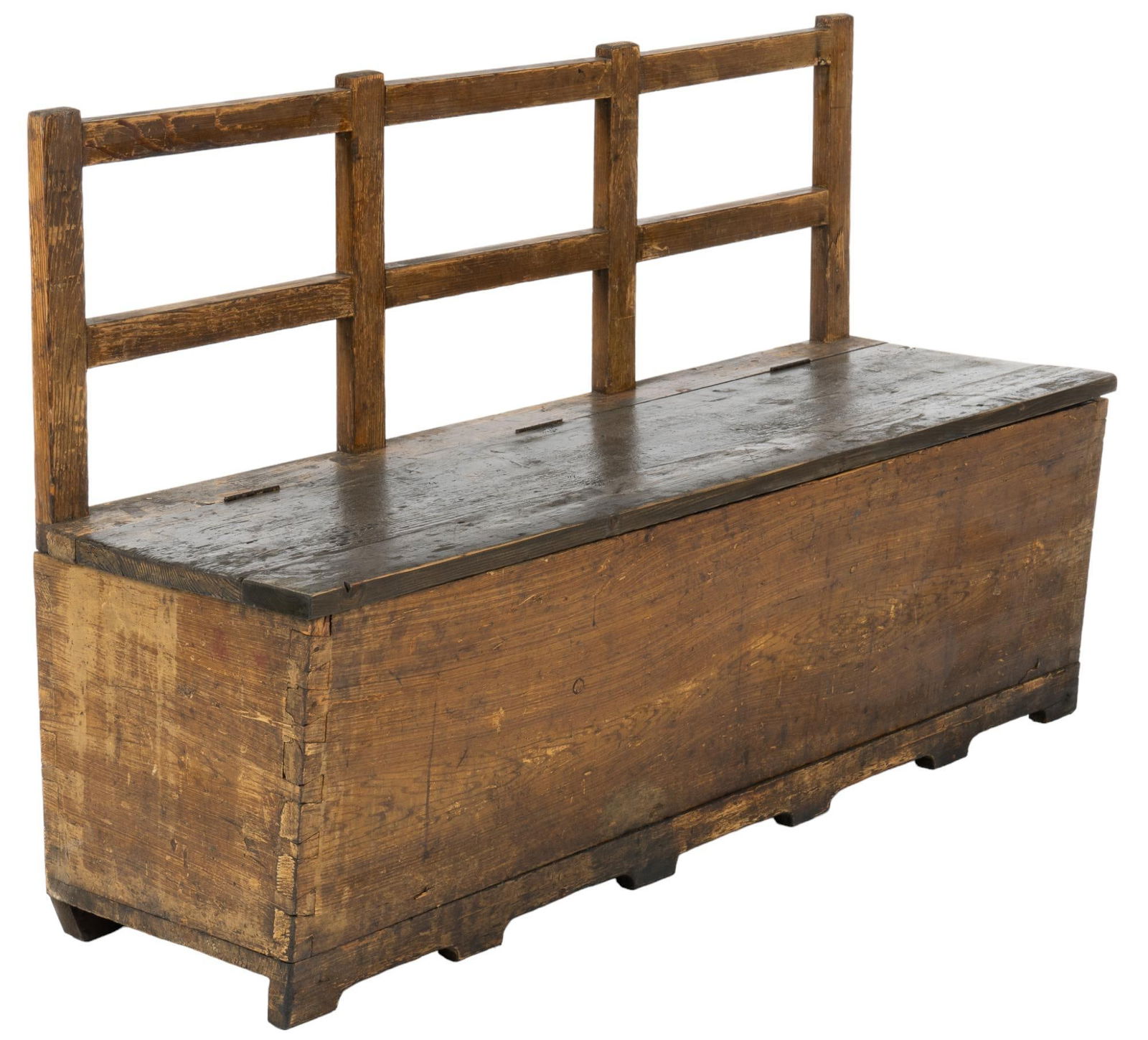 Rustic Storage Bench: Rustic painted storage bench, lattice back, large wooden seat with hinged lid that opens to storage compartment, distressed finish height 40.5 in. x width 64 in. x depth 20 in. We happily provide s