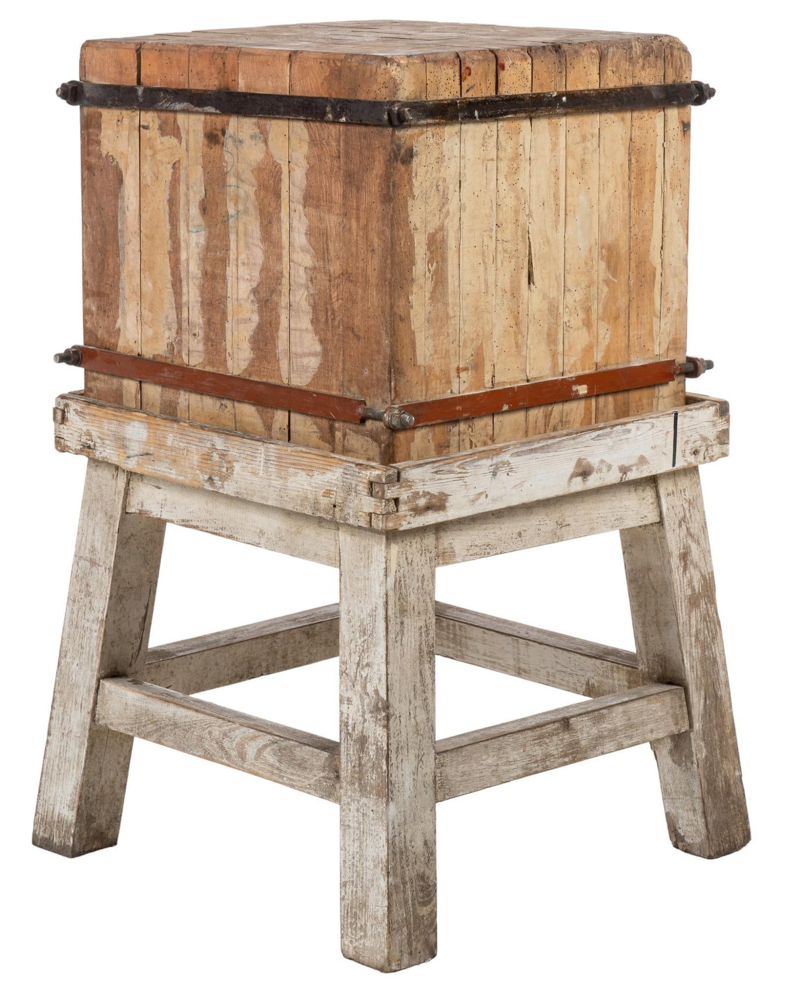 Rustic Butcher's Block: Rustic butcher's block, having wooden top, banded sides, supported on splayed block legs with stretchers height 37.5 in. x width 23.5 in. x depth 23.5 in. We happily provide seamless shipping serv