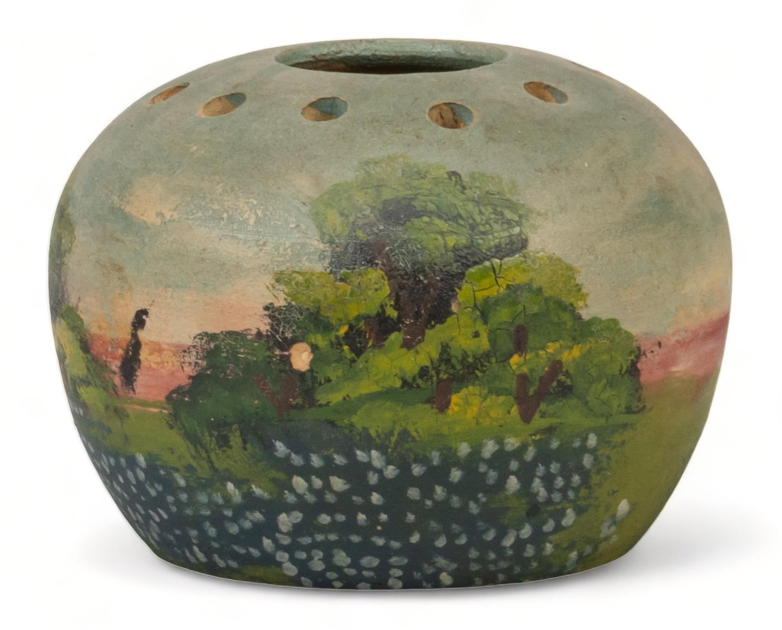 San Juan Pottery Flower Frog Vase: San Juan pottery flower frog vase, with hand-painted bluebonnets scene, with impressed mark at base height 14 in. x width 9 in. x depth 9 in. Provenance: Property from a San Antonio, Texas collection 