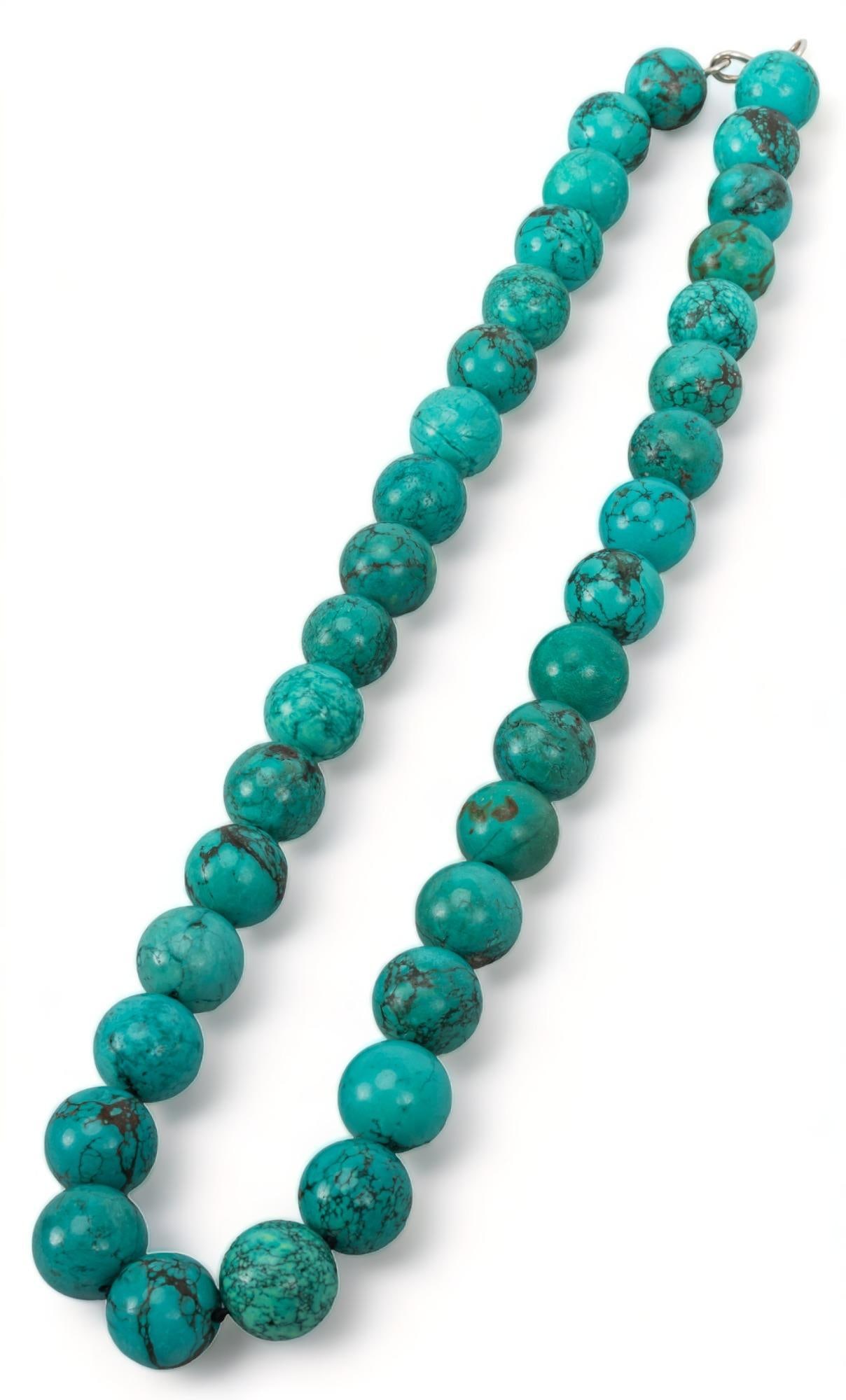 Tibetan Turquoise Bead Necklace: Tibetan turquoise bead necklace, silver hook clasp length 27.5 in. Provenance: Property from a San Antonio, Texas collection We happily provide seamless shipping services on everything we sell. Please