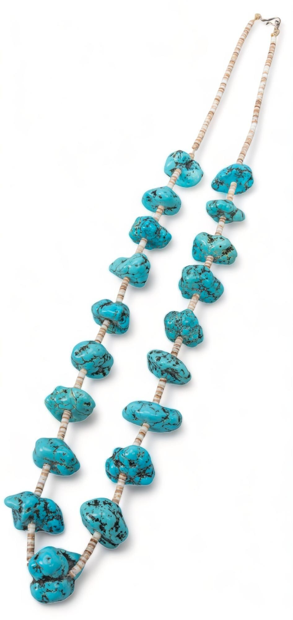 Turquoise Nugget and Heishi Bead Necklace: Turquoise nugget and heishi bead necklace, hook clasp length 28 in. Provenance: Property from a collection in Northwest Arkansas We happily provide seamless shipping services on everything we sell. Pl