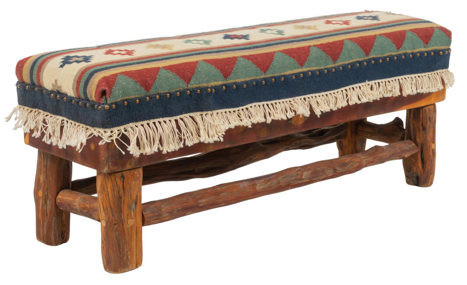 Native American Style Hickory Bench: Wooden live edge style hickory bench, with Native American style upholstery height 19 in. x width 51 in. x depth 14 in. Provenance: Property from a San Antonio, Texas collection We happily provide sea