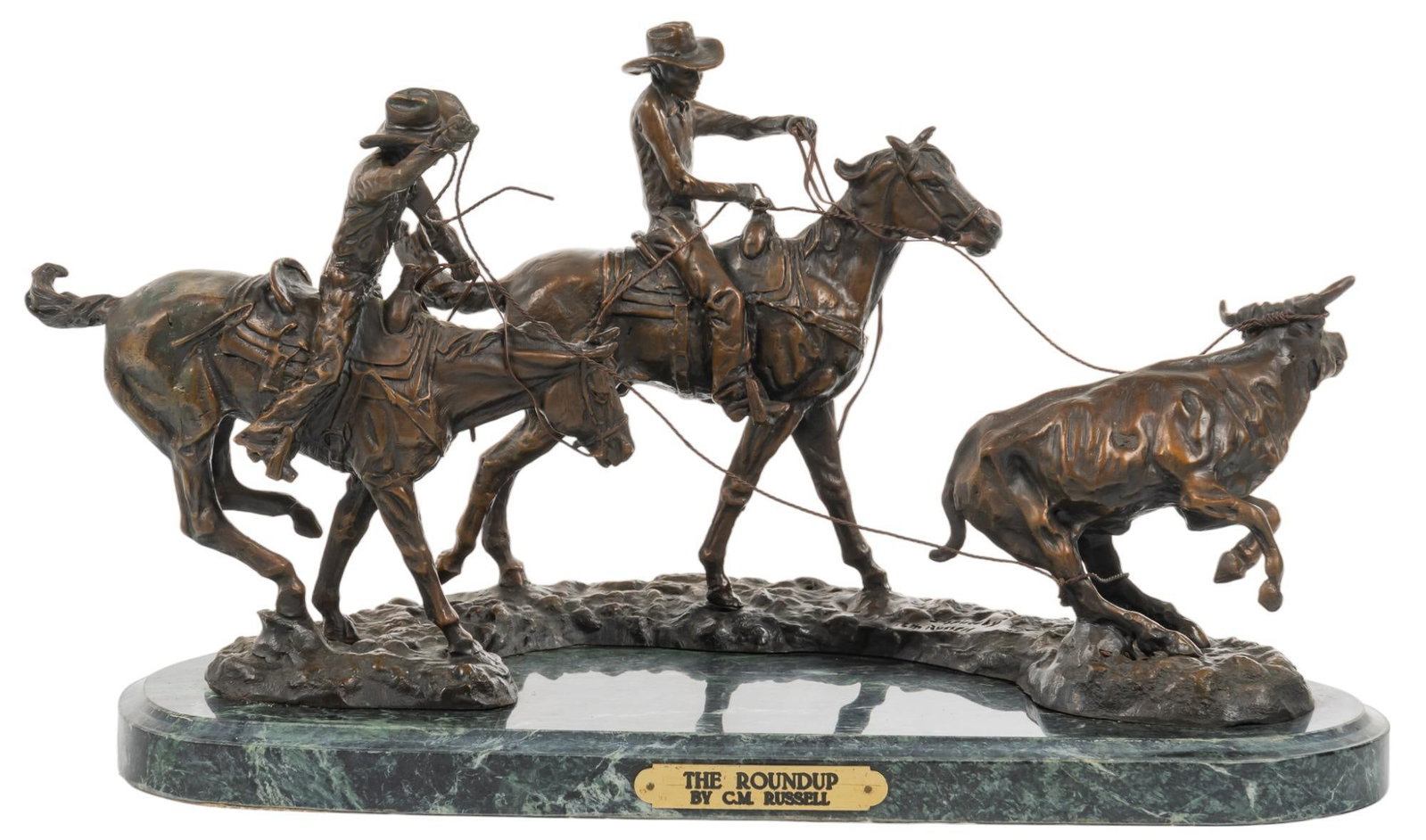 C. M. Russell, "The Roundup": Charles Marion Russell (Am. 1864-1926), "The Roundup", bronze recast sculpture on green marble base height 9.5 in. x width 18 in. x depth 10 in. Provenance: Property from a large collection of