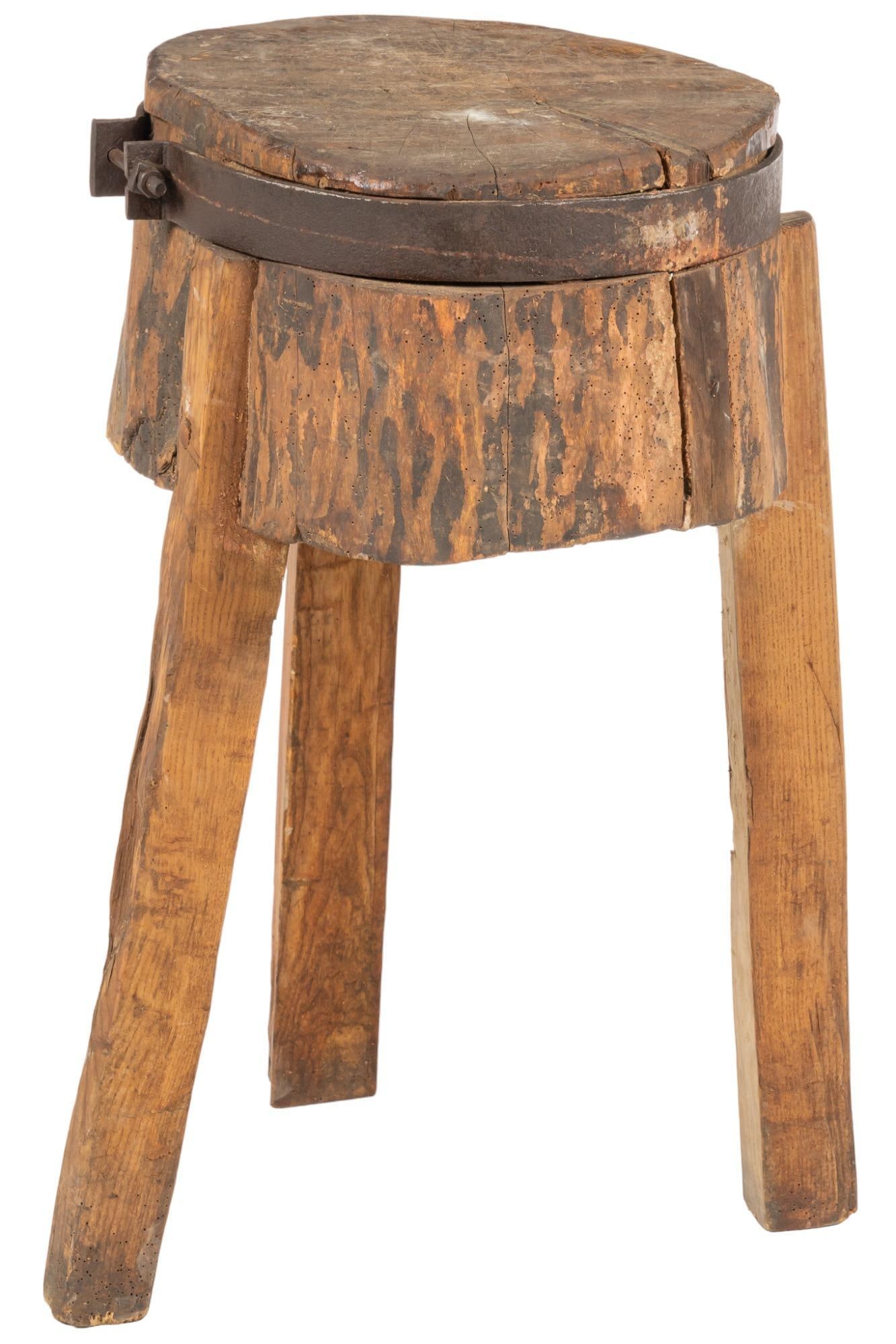 Primitive Butcher's Block: Primitive butcher's block, metal banding and splayed legs height 31.5 in. x width 19 in. x depth 18 in. We happily provide seamless shipping services on everything we sell. Please email us at s