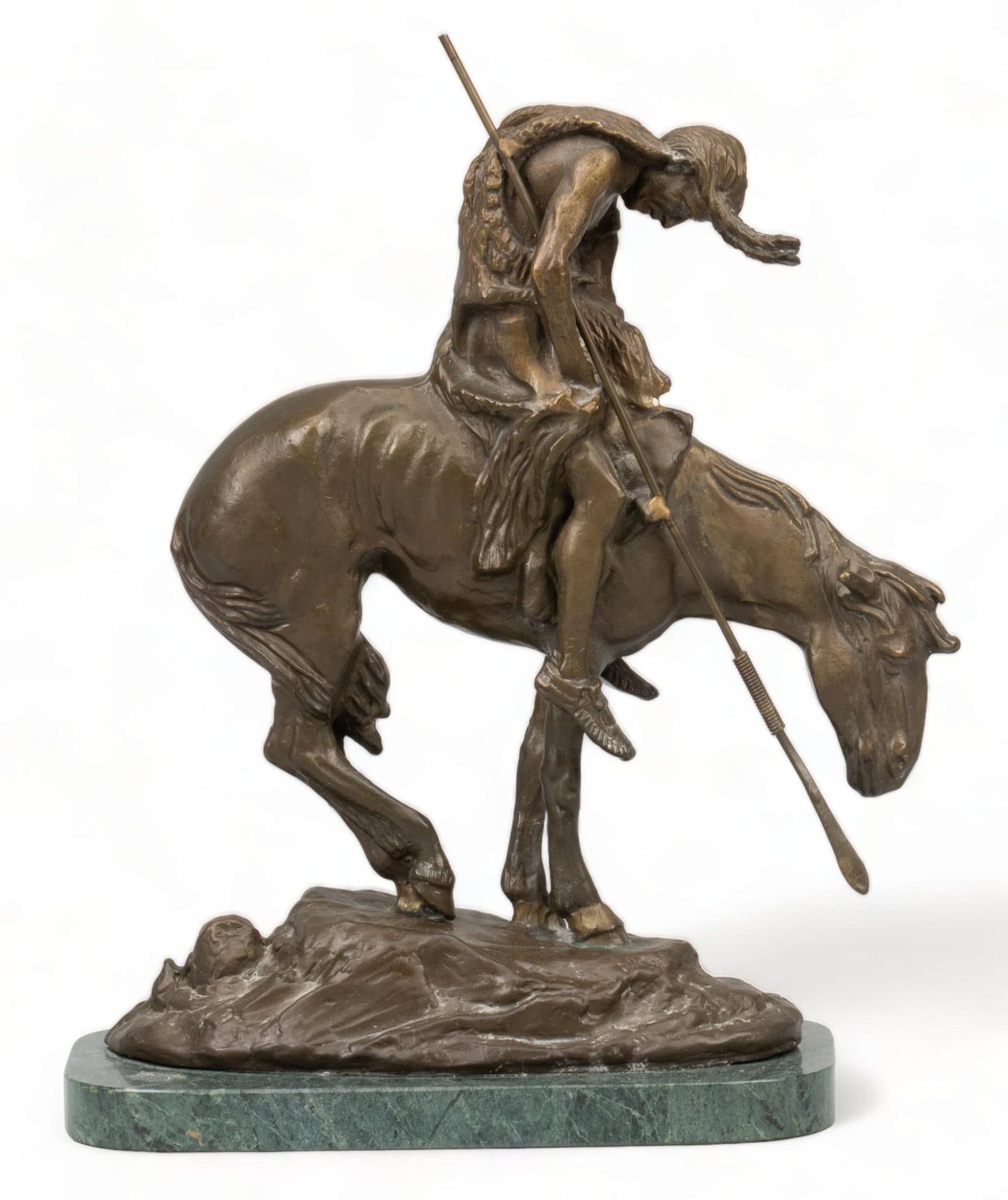 James Earle Fraser, End of the Trail: James Earle Fraser (Amer., 1876 - 1953), "End of the Trail", bronze recast on green marble base height 13 in. x width 11 in. x depth 5 in. Provenance: Property from a San Antonio, Texas collection We 