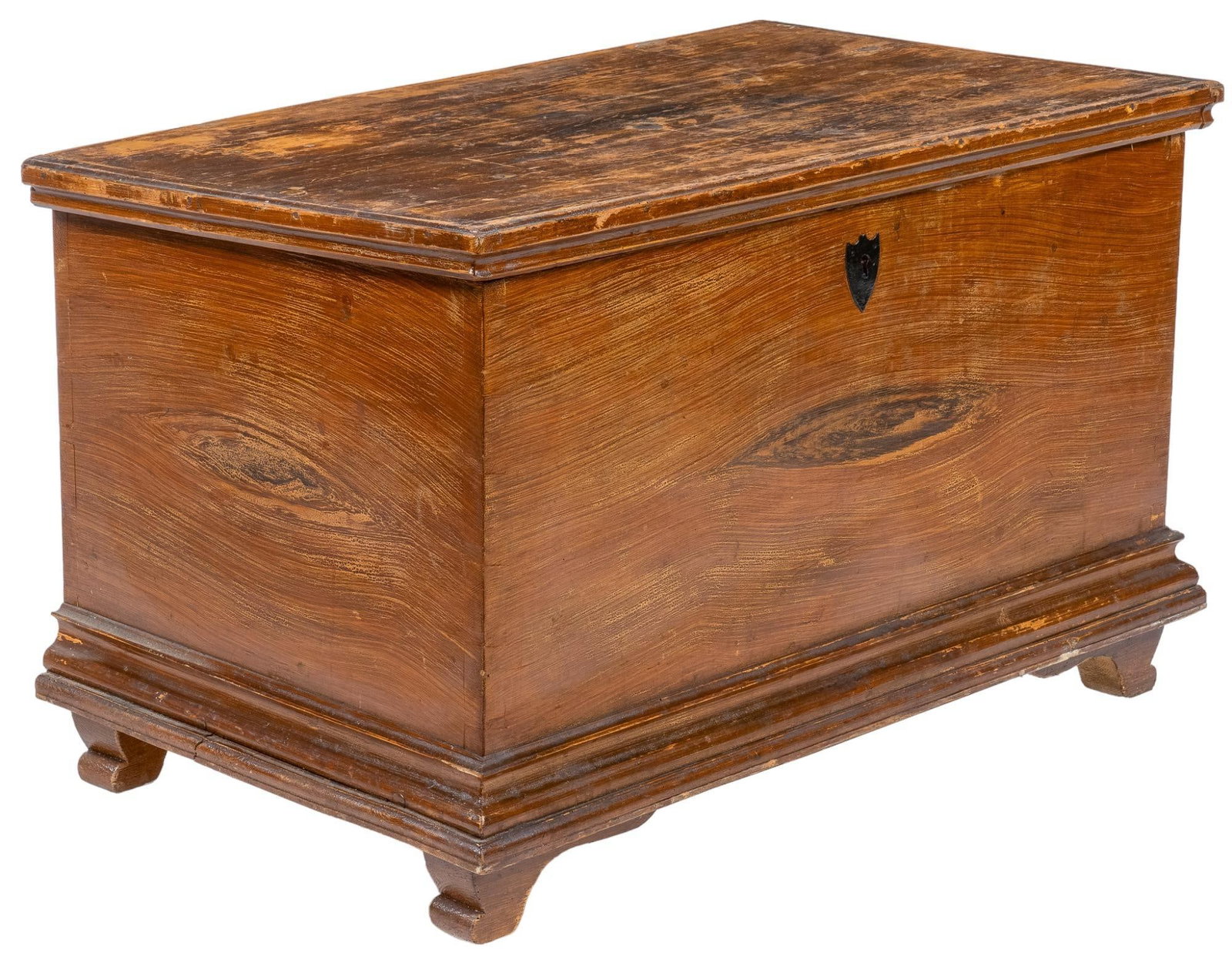 Vintage Wooden Trunk: Vintage wooden trunk, hinged lid, supported on feet height 24 in. x width 44 in. x depth 26 in. We happily provide seamless shipping services on everything we sell. Please email us at shipping@vog
