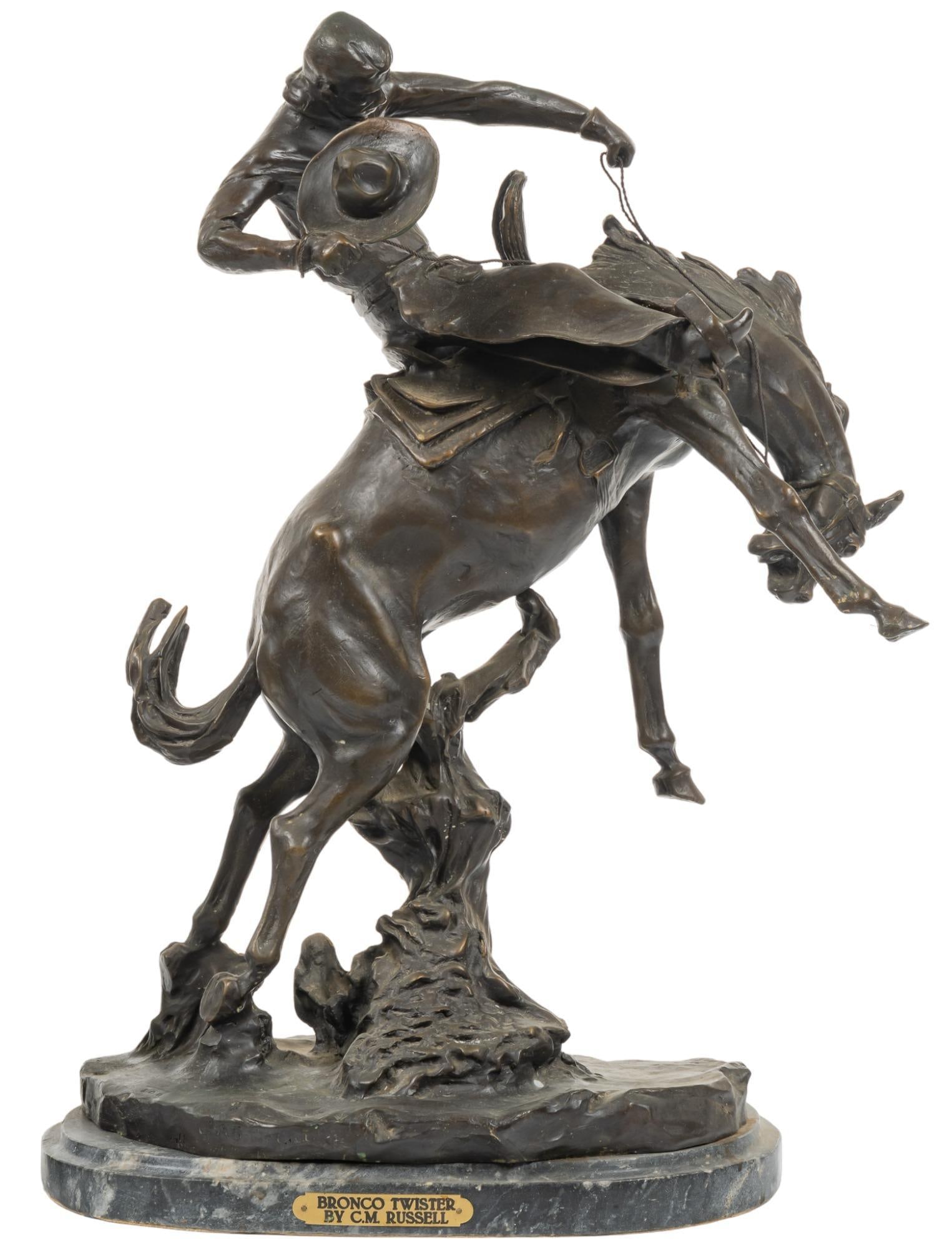 C. M. Russell, "Bronco Twister": Charles Marion Russell (Am. 1864-1926), "Bronco Twister", bronze recast sculpture on green marble base height 25 in. x width 17 in. x depth 10 in. Provenance: Property from a large collection 