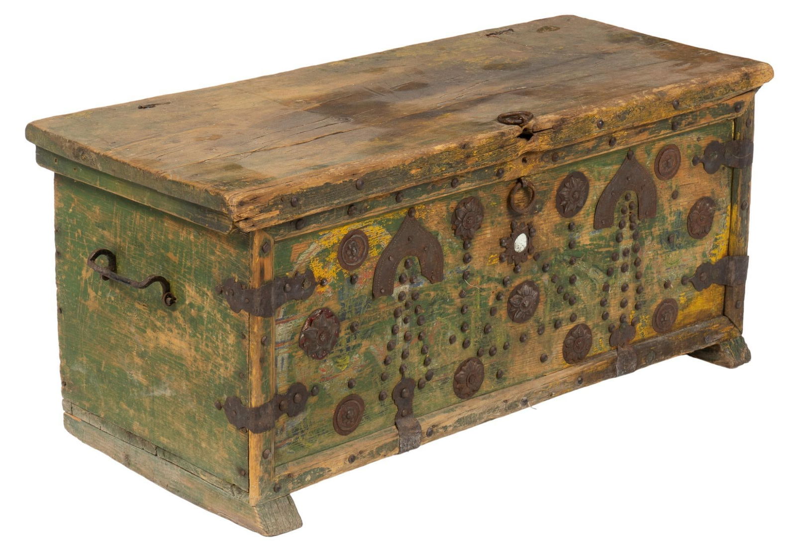 Painted Folk Art Chest: Vintage painted folk art chest, nailhead and metal detailing and banding, distressed green finish height 15 in. x width 33 in. x depth 14 in. Provenance: Property from the estate of long-time antiq