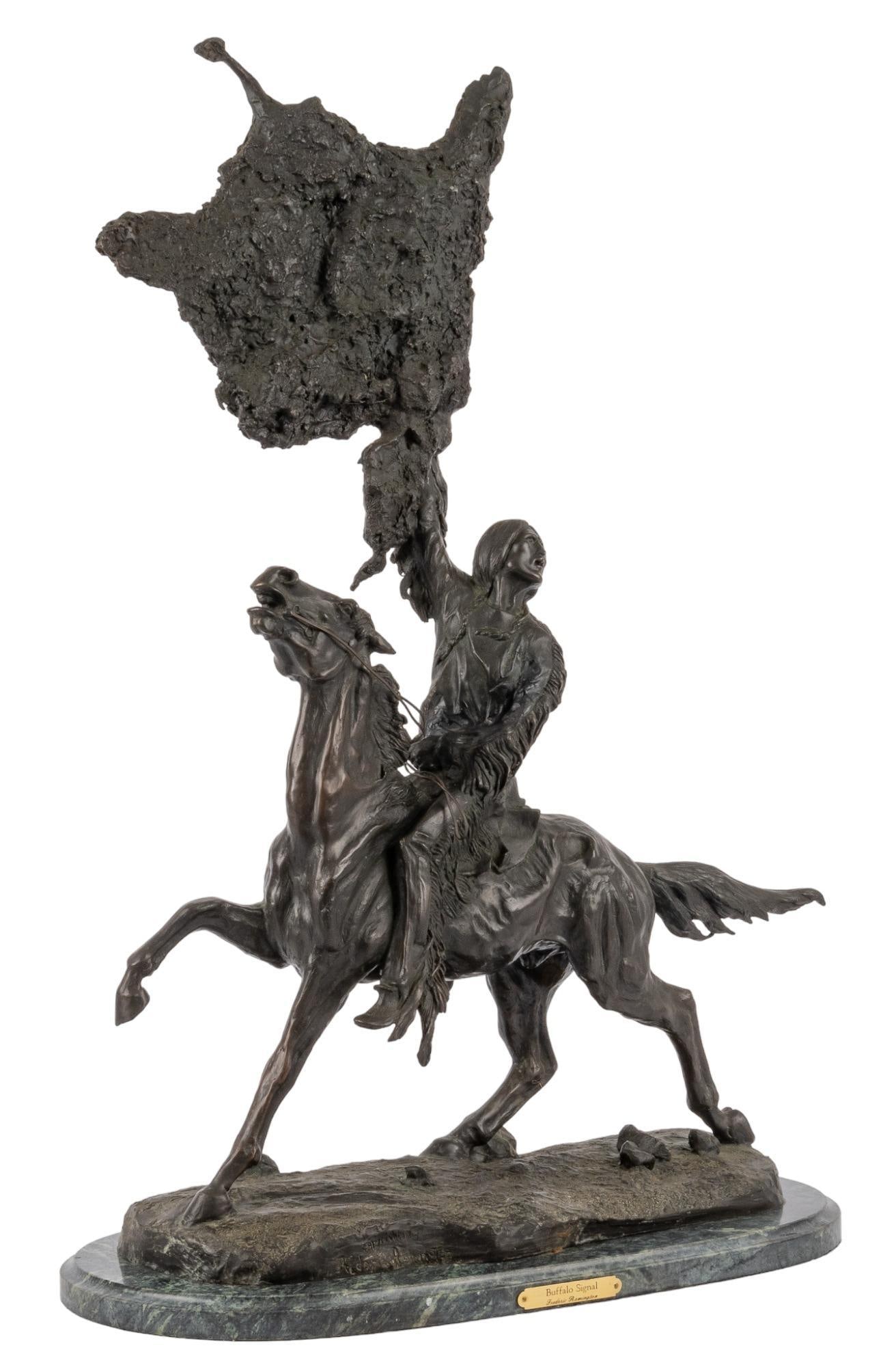 Frederic Remington, "Buffalo Signal": Frederic Remington (Canton, New York, 1861-1909), "Buffalo Signal", bronze restrike sculpture on black marble base height 30 in. x width 21 in. x depth 11 in. Provenance: Property from a large