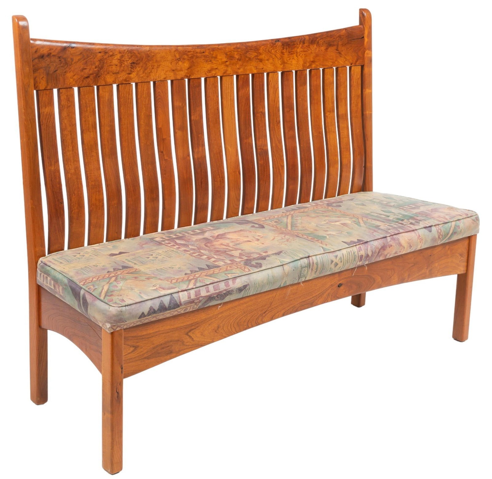 Mission Style Mesquite High Back Bench: Mission style mesquite wood bench / entry sofa, tall curved slat back, cushioned seat height 46 in. x width 59 in. x depth 20 in. Provenance: Property from the estate of John Klauss, Boerne, Texas We 