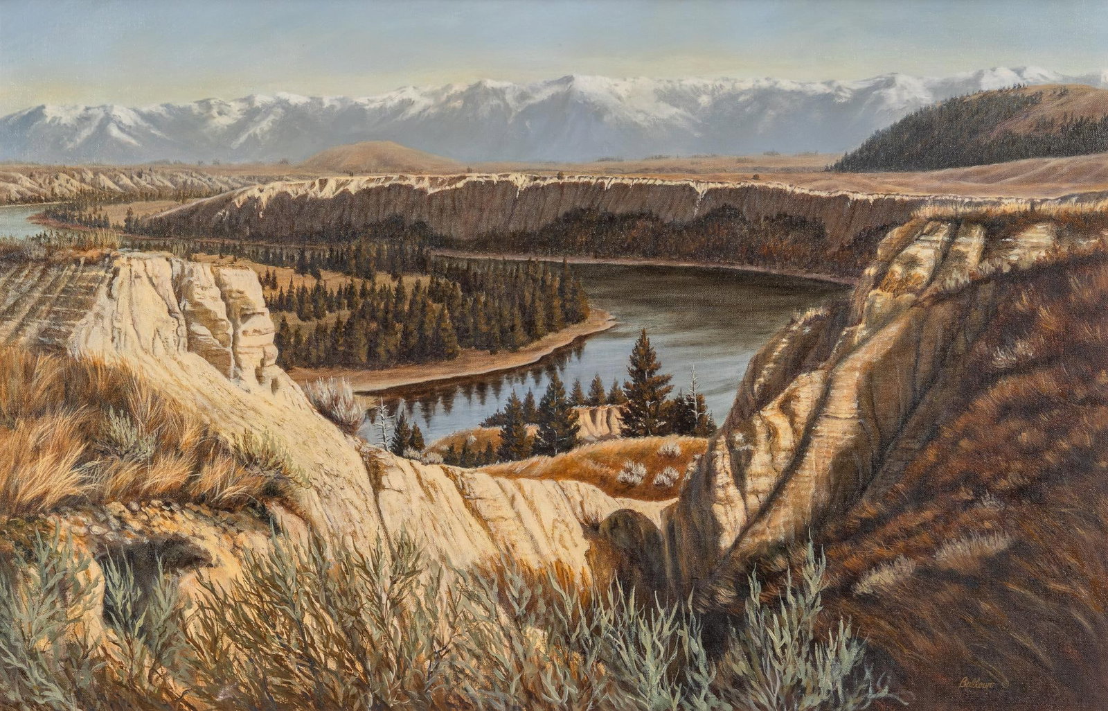 Marcia Ballowe, "Flathead River Panorama", 1983: Marcia Ballowe (Montana, b. 1950), "Flathead River Panorama", 1983, oil on oil-primed linen sight: 19.5 x 31 in., frame: 33.5 x 42.5 in. Provenance: Property from an Oklahoma City, Oklahoma co