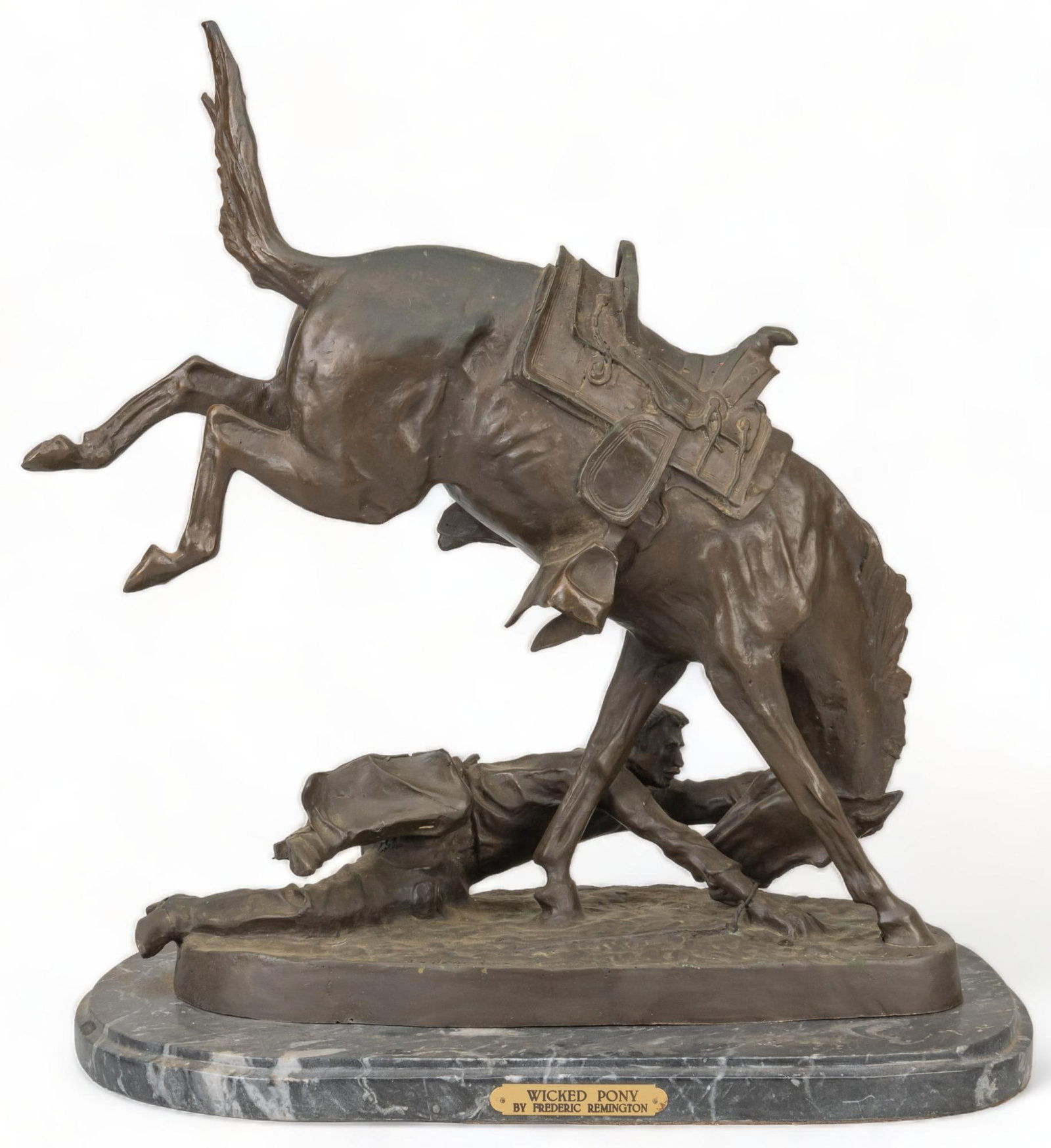 Frederic Remington, "Wicked Pony": Frederic Remington (Canton, New York, 1861-1909), "Wicked Pony", bronze restrike sculpture on black marble base height 27 in. x width 22 in. x depth 11 in. Provenance: Property from a large co
