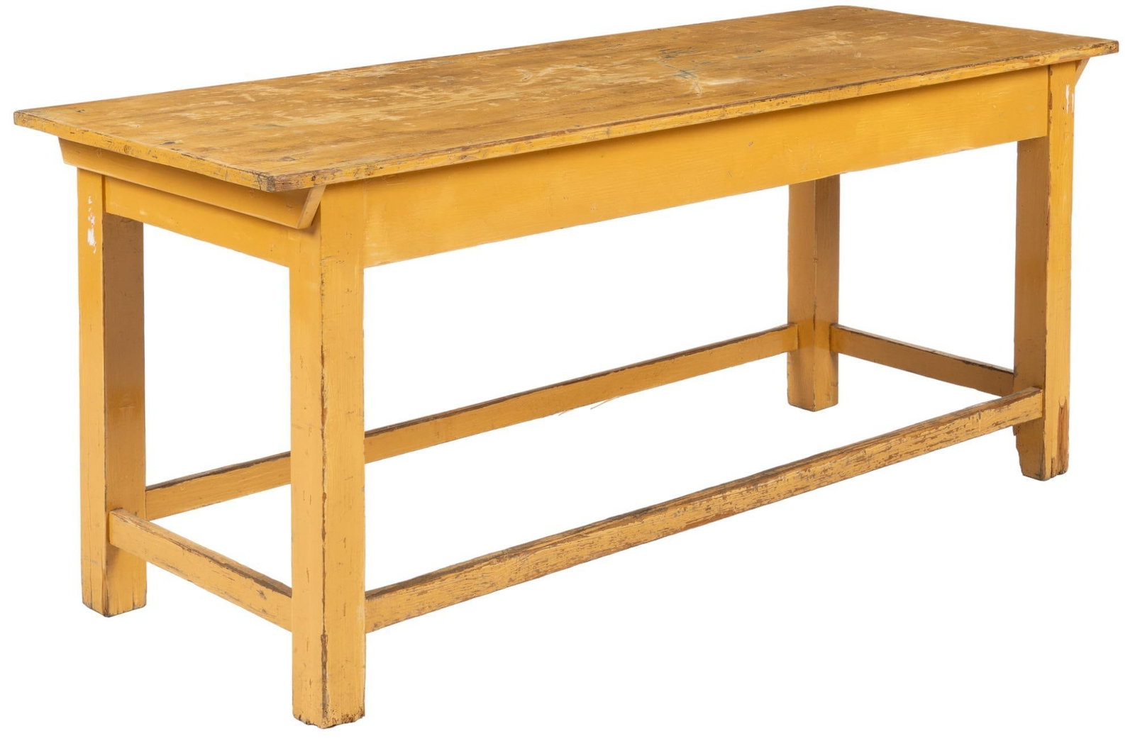 Painted Farmhouse Table: Painted farmhouse table, with oversize board top, rising on stretchered block legs height 31 in. x width 73 in. x depth 27 in. We happily provide seamless shipping services on everything we sell. Plea