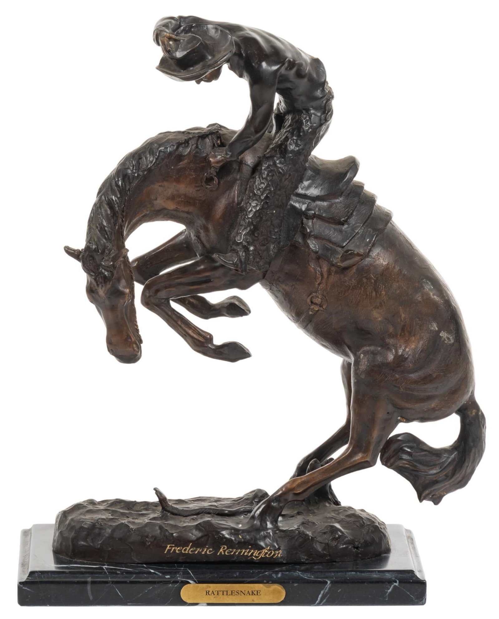 Frederic Remington, "Rattlesnake": Frederic Remington (Canton, New York, 1861-1909), "Rattlesnake", bronze restrike sculpture on black marble base height 17 in. x width 14 in. x depth 6.5 in. Provenance: Property from a large c