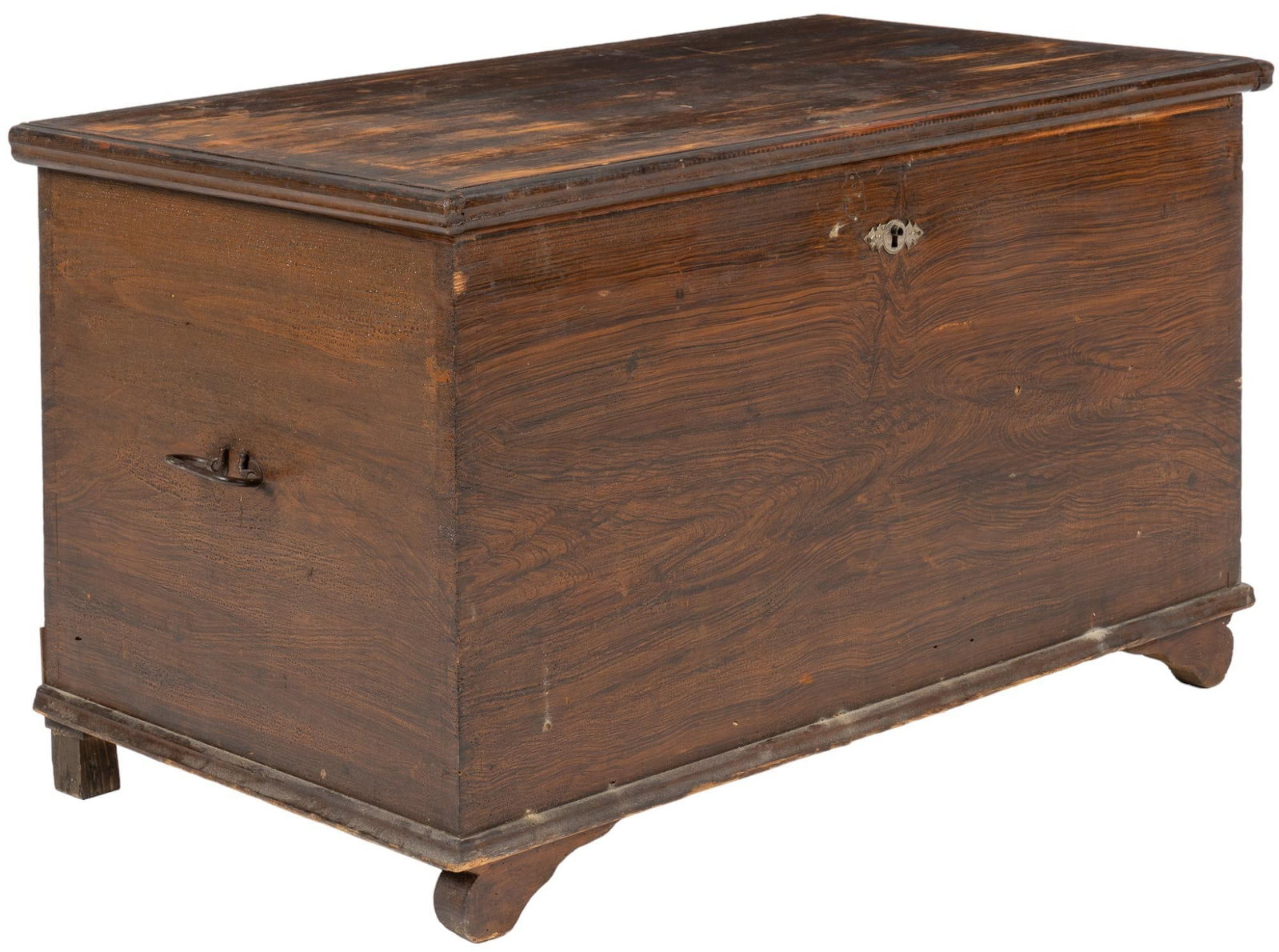Vintage Wooden Trunk: Vintage wooden trunk / chest, stained, metal hardware, raised on feet supports height 26 in. x width 45.5 in. x depth 26 in. We happily provide seamless shipping services on everything we sell. Please