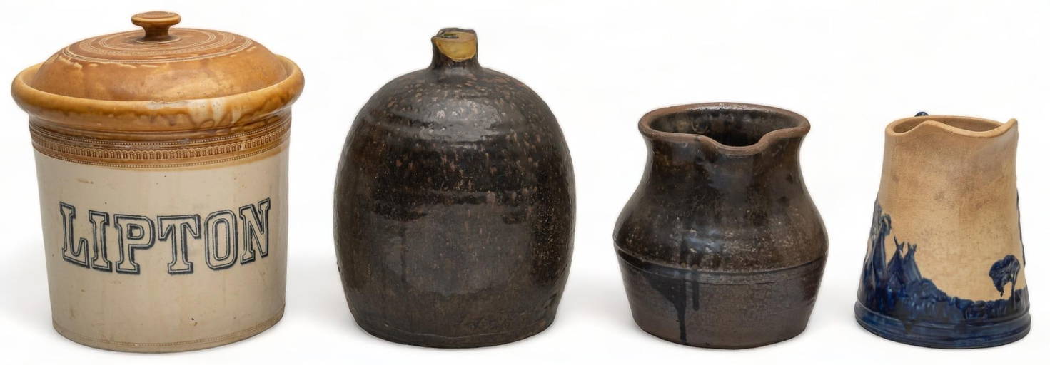 Set Of (4) Early Stoneware Pottery Examples