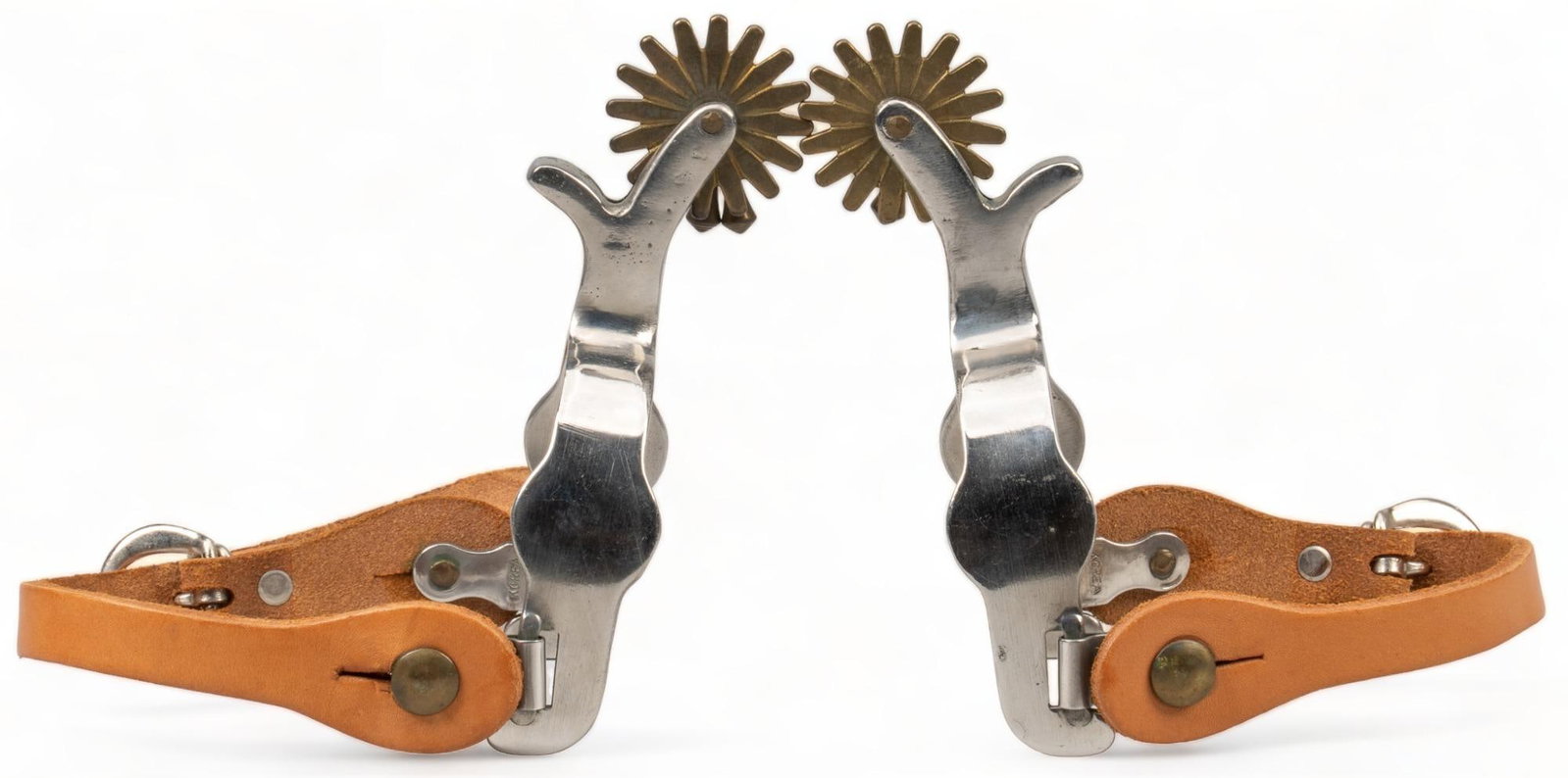 Pair of Colorado Saddlery Spurs: Pair of Colorado Saddlery mounted spurs, with jingle bobs, marked spur length: 6 in. x width 3 in. rowel diameter: 1.75 in. Provenance: Property from a home in the Alamo Heights neighborhood of San An