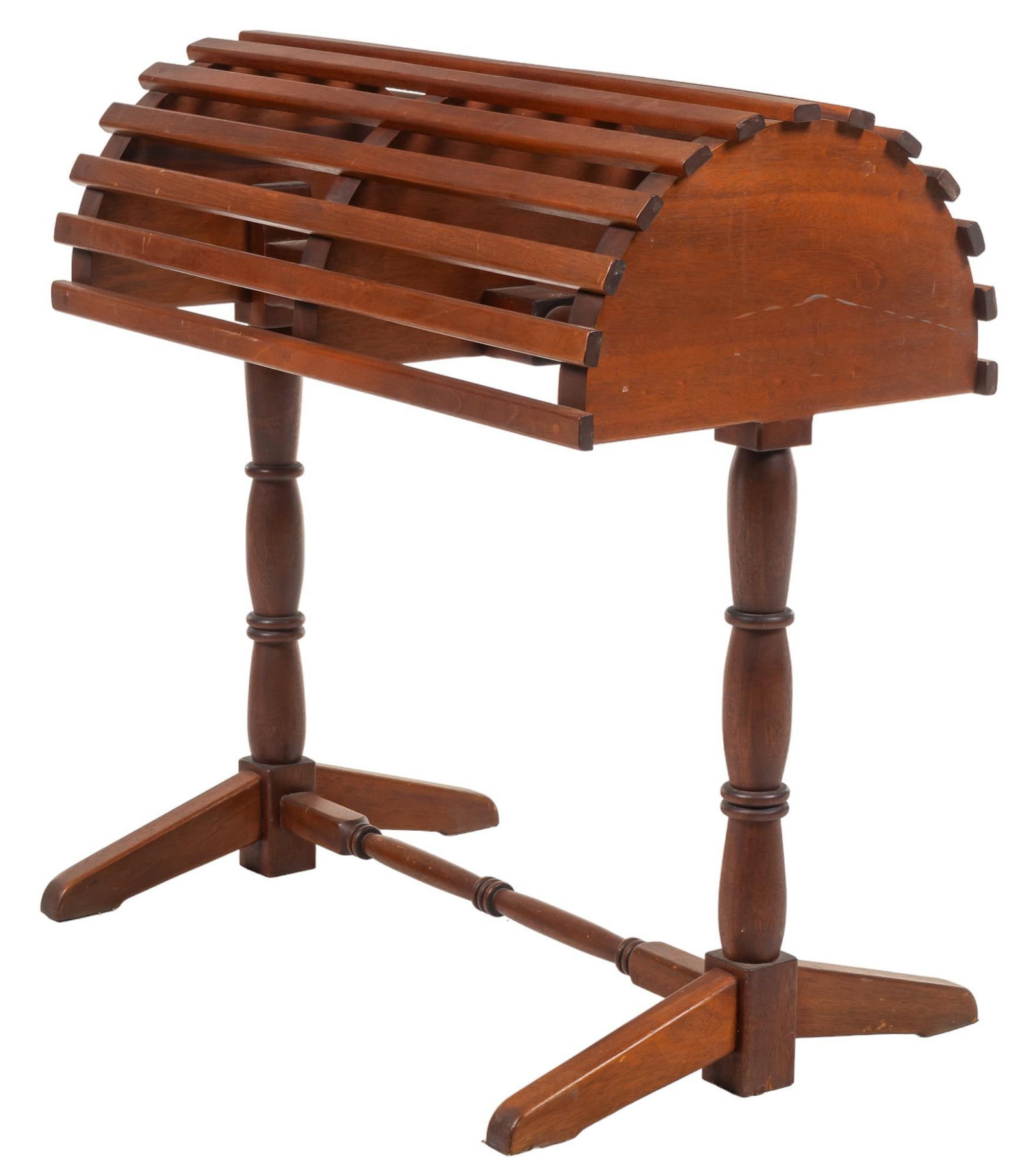 Saddle Stand: Saddle stand, mahogany, with trestle legs with turned detailing height 36 in. x width 24 in. x depth 35 in. Provenance: Property from a home in the Alamo Heights neighborhood of San Antonio, Texas We 