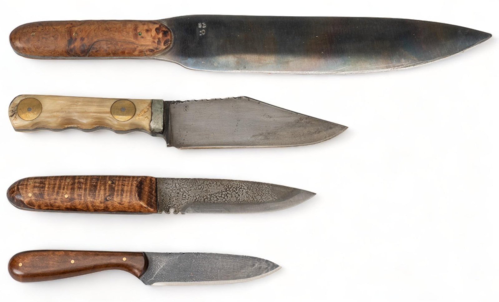 Collection of 4 Hunting Knives: Includes: -unknown Alaskan carbon steel knife w/ Twin Peak logo; wood handle; leather sheath -WS marked fighting knife from Tombstone, AZ; horn handle w/ brass fittings; leather sheath w/ "LC"