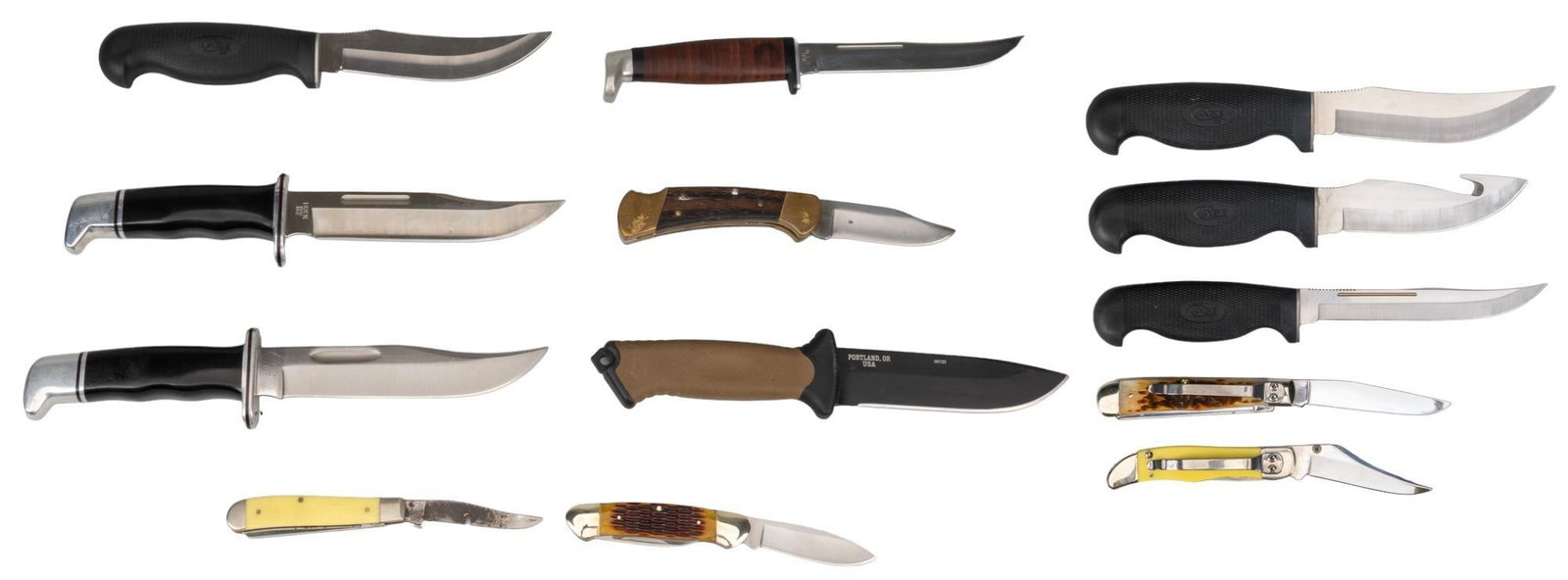 Collection of 13 Case, Buck & Gerber Knives: Includes: -Case: 3207 CV pocket knife (rusted, poor); 16-5 SS fixed blade w/ sheath & box (very good); LT223-5 fixed blade w/ sheath & box (fair); No. 06540 Amber bone peach seed trapper w/ bo