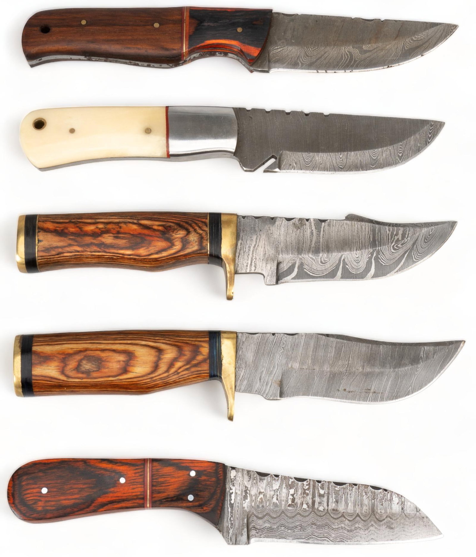 Lot of 5 Faux Damascus Blade Pakistan Knives: Includes: -(5) faux Damascus blade fixed blade knives; likely from Pakistan; mixed material handles: wood, laminate, horn, etc.; all w/ leather sheaths Condition: All have moderate handling marks Long