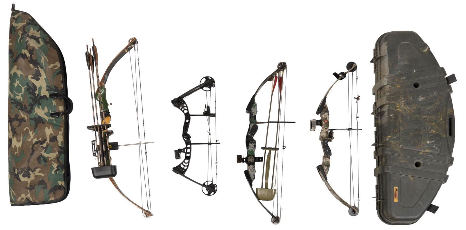 (4) Compound Hunting Bows: Collection of four compound hunting bows, includes ten arrows, and two carrying / storage cases Provenance: Property from a San Antonio, Texas collection height 7.5 in. x width 28.5 in. x depth 20