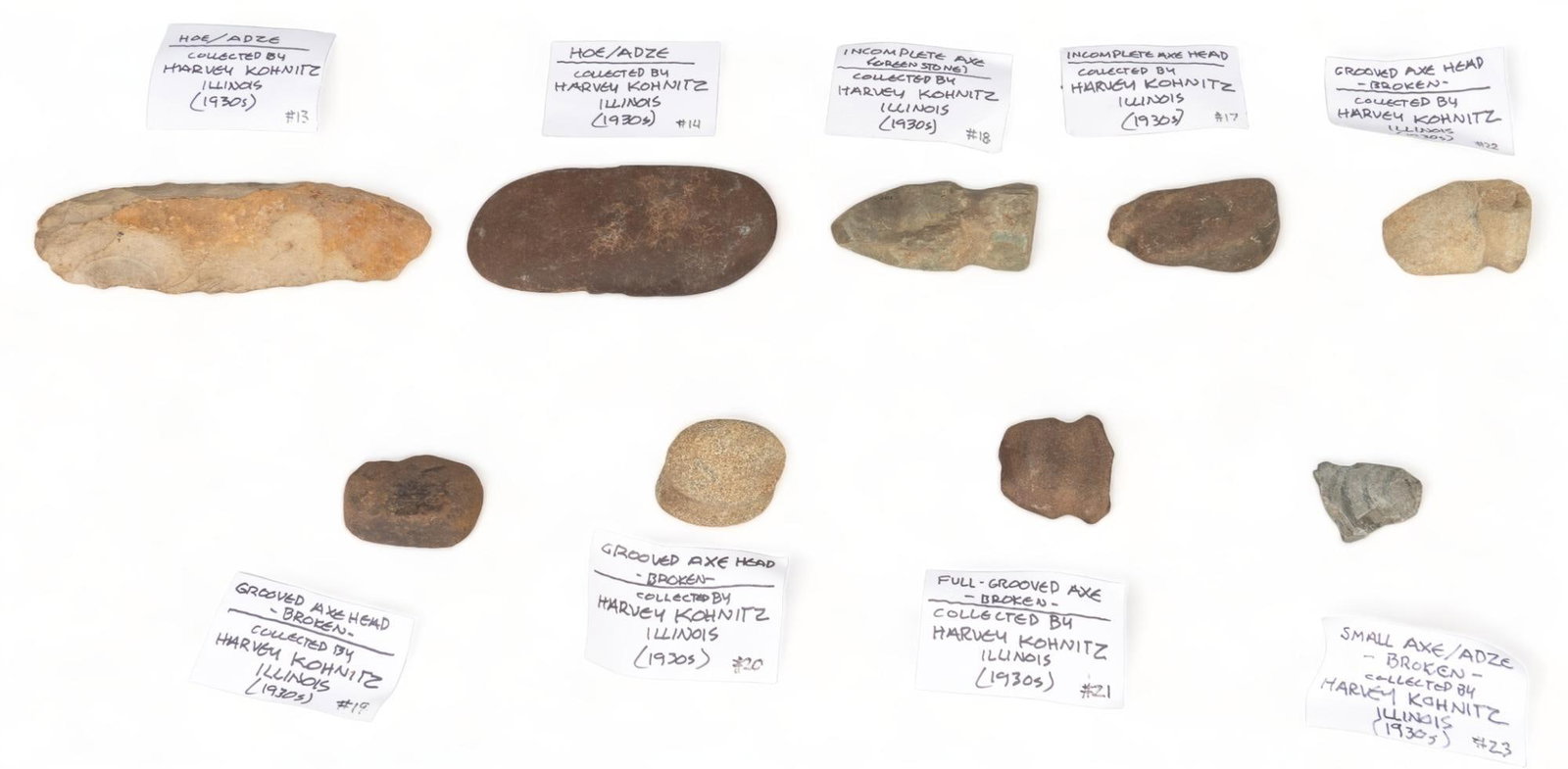 Collection of Axe and Adze Heads: Collection of axe and adze heads, said to have been collected in the 1930s by prominent San Antonio amateur archeologist Harvey Kohnitz height 2 in. x width 10 in. x depth 3.25 in. / largest Provenanc