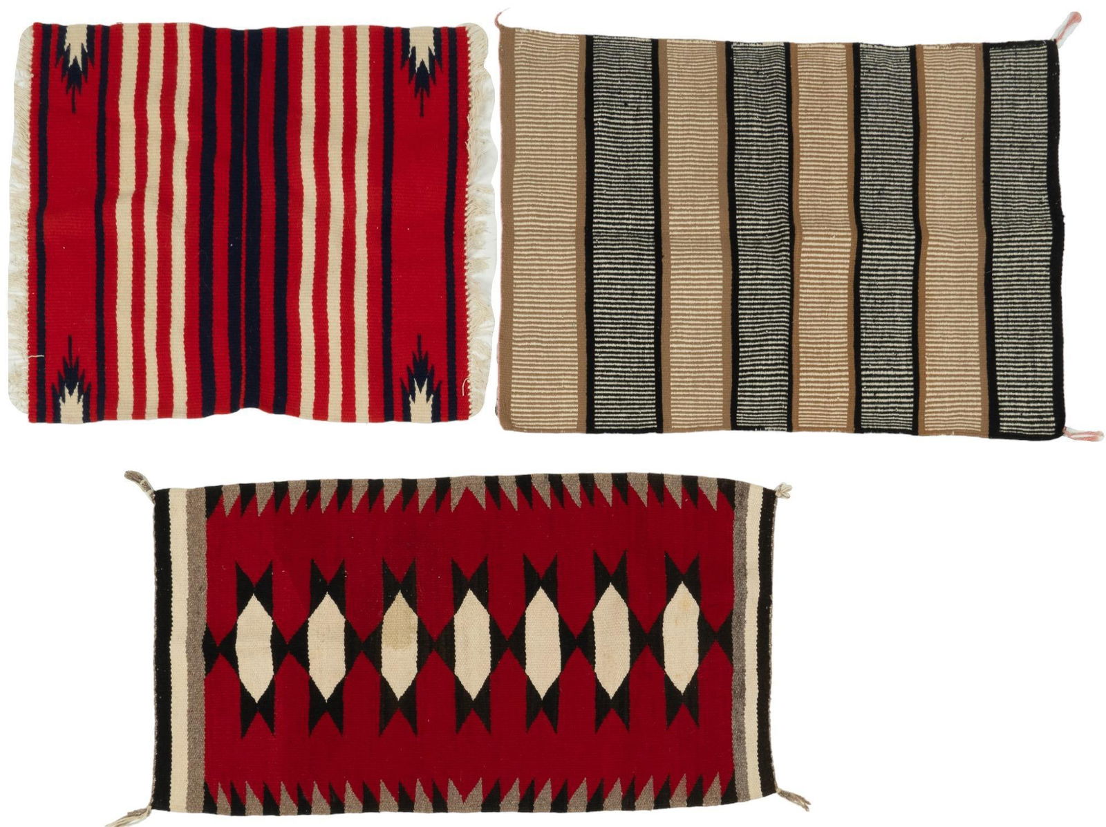 ,Group of (3) Southwestern Rugs, 3 ft. 5 in. x 2 ft. 6 in: Group of three Southwestern rugs 3 ft. 5 in. x 2 ft. 6 in / largest Provenance: Property from a Truchas, New Mexico collection We happily provide seamless shipping services on everything we sell. P