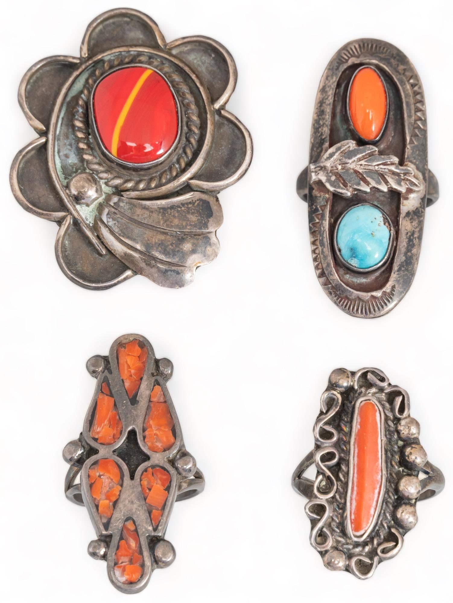 (4) Assorted Sterling Silver Rings: Four (4) assorted sterling silver rings, one (1) coral and turquoise ring, one (1) long coral ring, one (1) crushed coral ring, one (1) jasper floral ring, marked coral and turquoise ring / size: 5.7
