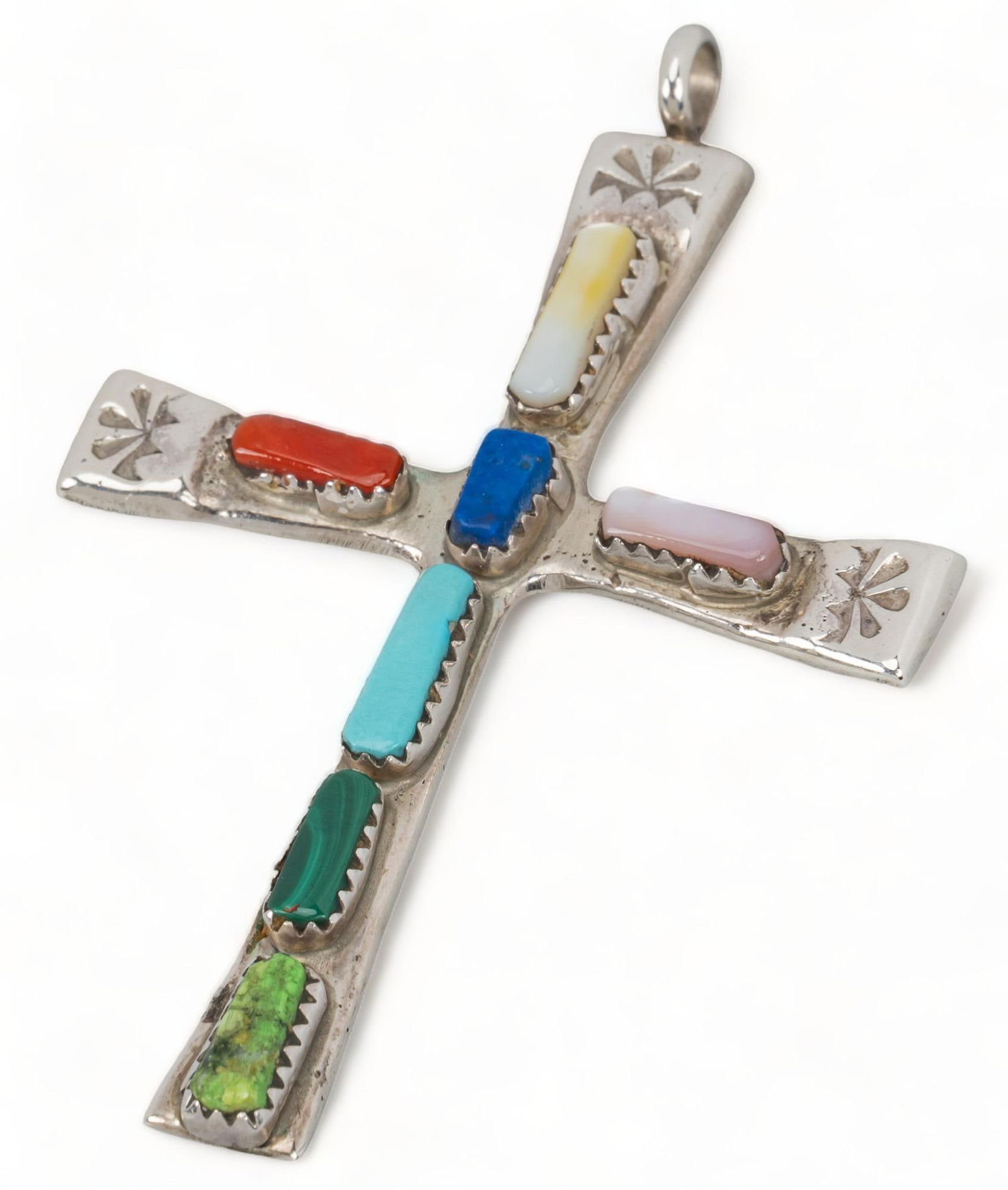 Iule Tribe Multi-Stone Sterling Silver Cross: Iule tribe multi-stone sterling silver cross, mother of pearl, turquoise, coral, lapis, and malachite, marked length 3 in. total weight: 12.1 grams Provenance: Property from a San Antonio, Texas col