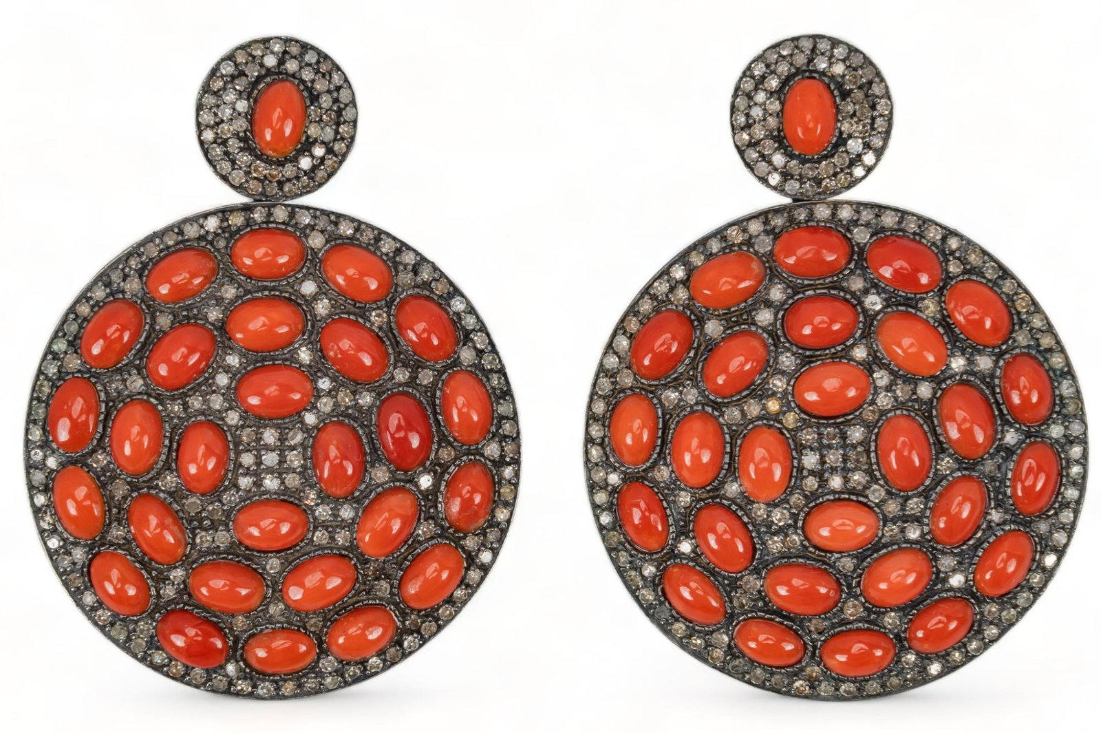 Pair of Fire Red Italian Sardinian Coral and Black Diamond Earrings: Pair of fire red Italian Sardinian coral and black diamond earrings, sterling silver and 14K gold length 54 mm. diamonds / approx 40 ctw total weight: 24.3 grams Provenance: Property from a San Antoni