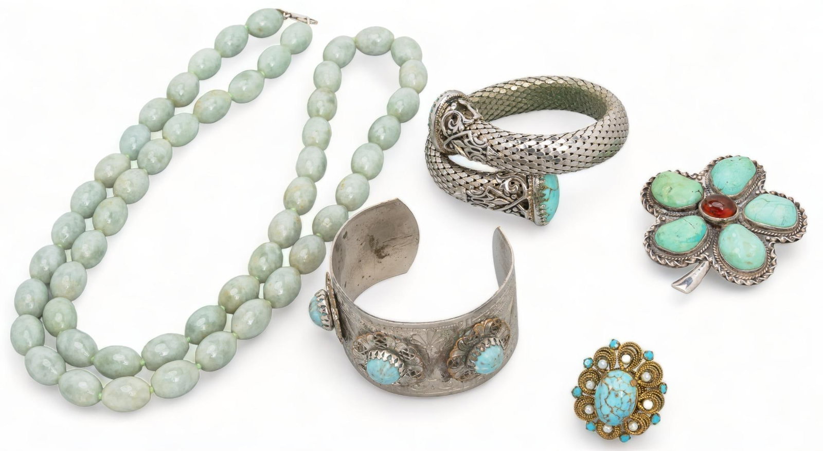 (5) Southwestern Blue Stone Jewelry: Five (5) Southwestern clue stone jewelry, one (1) hand knotted aventurine necklace with sterling silver clasp, one (1) sterling silver five leaf clover brooch with carnelian agate center stone, one (1