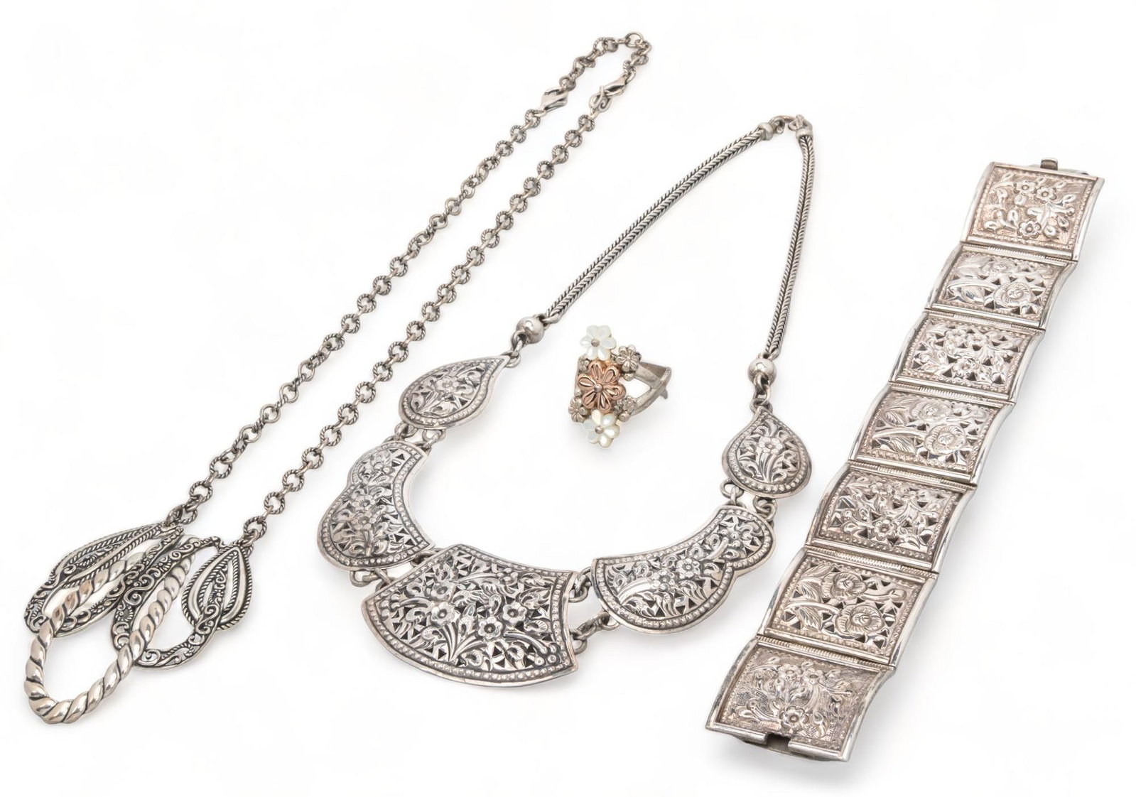 (4) Sterling Silver Jewelry: Four (4) sterling silver jewelry, one (1) sterling silver floral Thai panel necklace, one (1) sterling silver floral Thai panel bracelet, one (1) Carolyn Pollack floral moonstone and sterling silver r