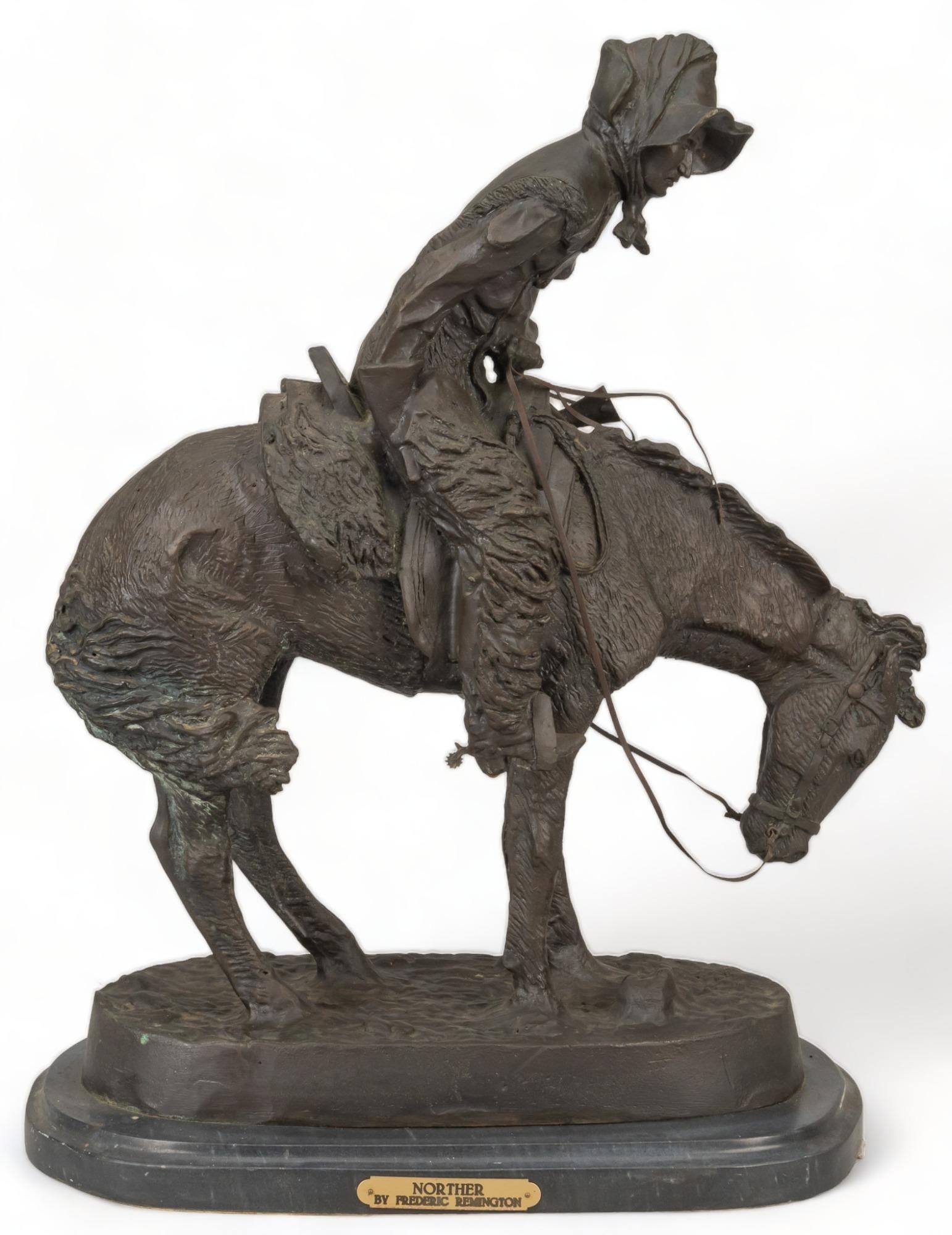 Frederic Remington, "Norther": Frederic Remington (Canton, New York, 1861-1909), "Norther", bronze restrike sculpture on black marble base height 22 in. x width 17 in. x depth 9 in. Provenance: Property from a large collect