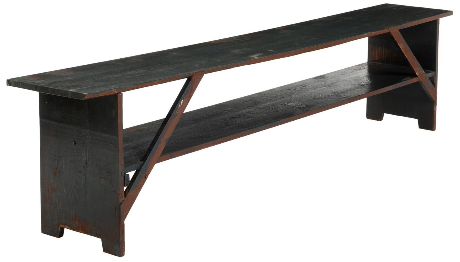 Painted Farmhouse Bench: Painted farmhouse bench, with lower storage shelf height 20.5 in. x width 86.5 in. x depth 13.5 in. We happily provide seamless shipping services on everything we sell. Please email us at shipping@
