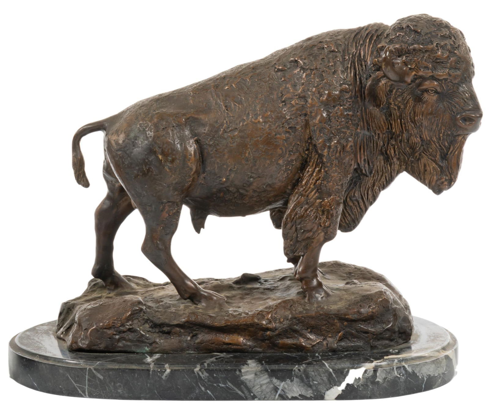 Henry Shrady, Buffalo: After Henry Merwin Shrady (New York, 1871-1922), standing buffalo, bronze restrike sculpture, on black marble base, not signed height 12 in. x width 17 in. x depth 9.5 in. Provenance: Property from