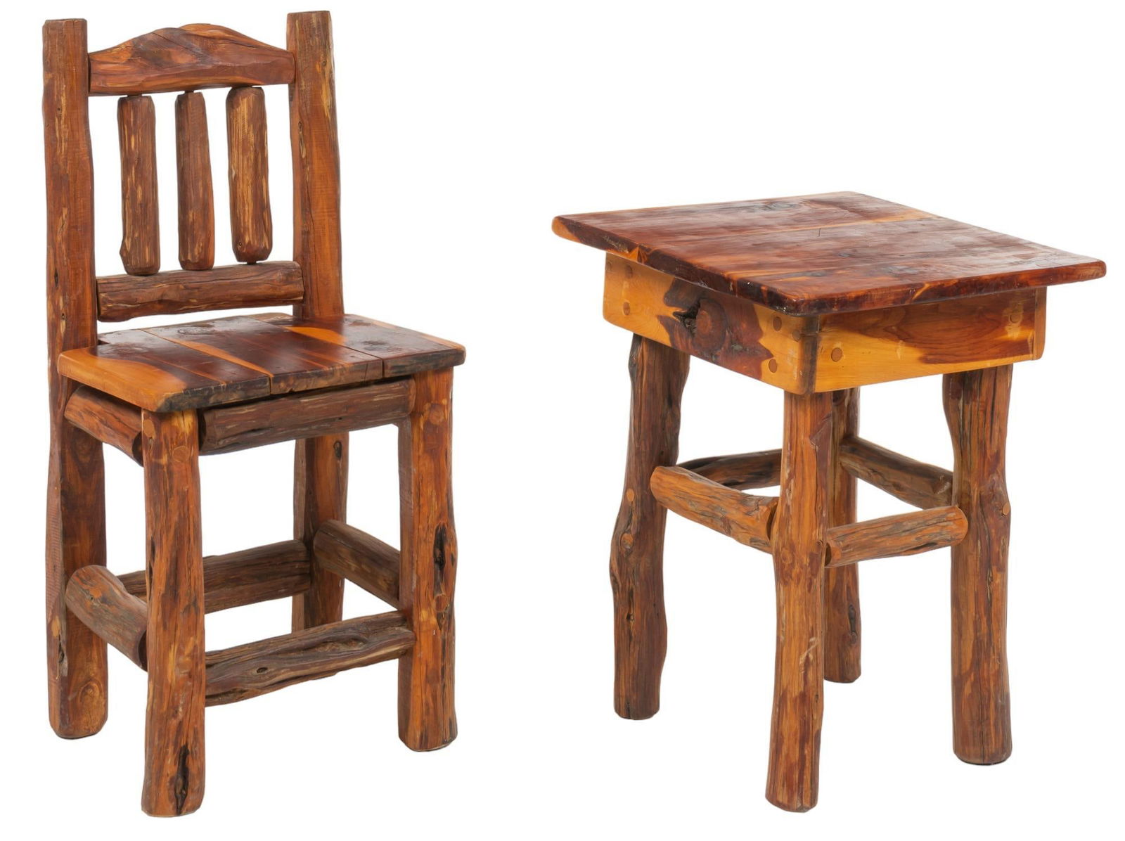 (2) Culp's Cedar Creations Chair and Side Table: One cedar side table, with plank top, supported on branch legs, connected with stretcher, accompanied by one side chair, with plank seat, featuring matching branch construction, both manufactured by C