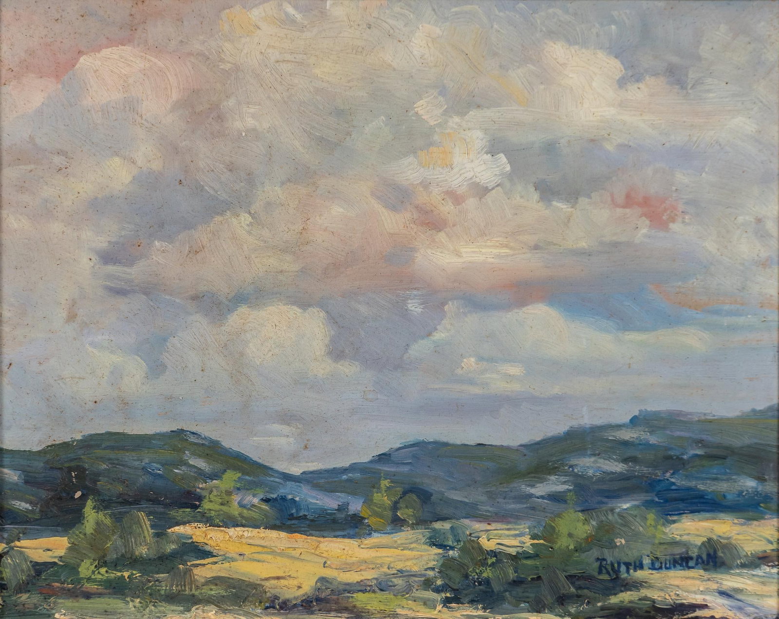 Ruth Duncan, "Cloud Study": Ruth Duncan (Texas, 1908-2002), "Cloud Study", oil on masonite sight: 8 x 10 in., frame: 11 x 13 in. Provenance: Property from a Lytle, Texas collection We happily provide seamless shipping se