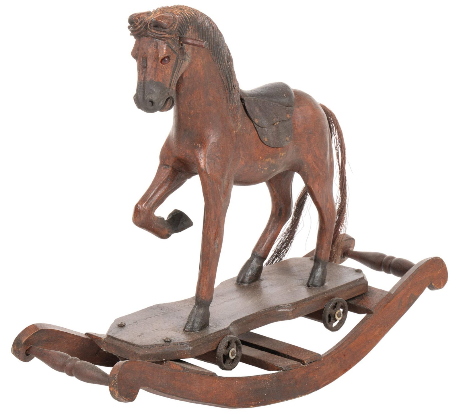 Vintage Wooden Rocking Horse: Vintage wooden rocking horse, painted, with natural fiber tail height 19 in. x width 23 in. x depth 8.5 in. We happily provide seamless shipping services on everything we sell. Please email us at ship