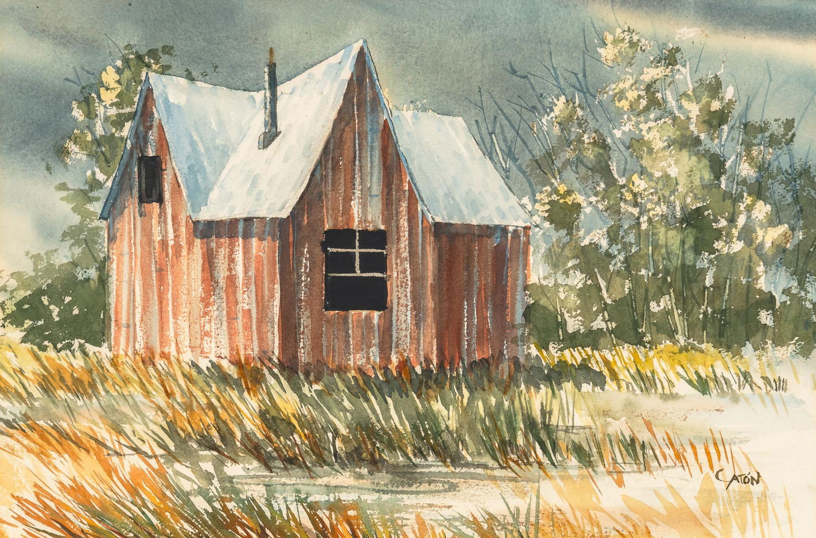 David Caton, Red Barn Watercolor: David Caton (Texas, b. 1955), red Texas barn with dark cloudy sky, watercolor on artist paper sight: 14 x 21 in., frame: 21.5 x 28 in. Provenance: Property from a Tomball, Texas collection We happi
