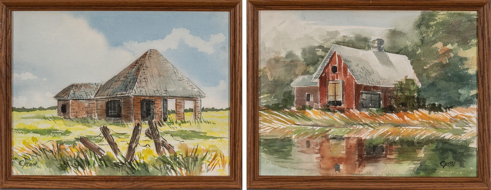 David Caton, (2) Texas Barn Watercolors: David Caton (Texas, b. 1955), (2) scenes of Texas barns, watercolor on artist paper sight: 13 x 16 in. Provenance: Property from a Tomball, Texas collection We happily provide seamless shipping ser