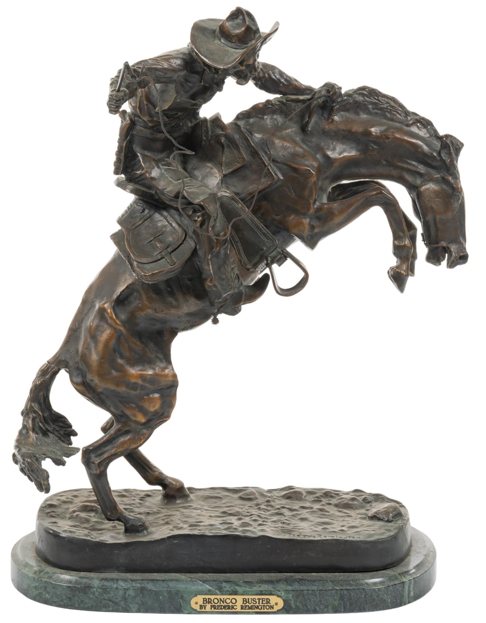 Frederic Remington, "Bronco Buster": Frederic Remington (Canton, New York, 1861-1909), "Bronco Buster", bronze recast on green marble base height 24 in. x width 17 in. x depth 9.5 in. Provenance: Property from a San Antonio, Texa