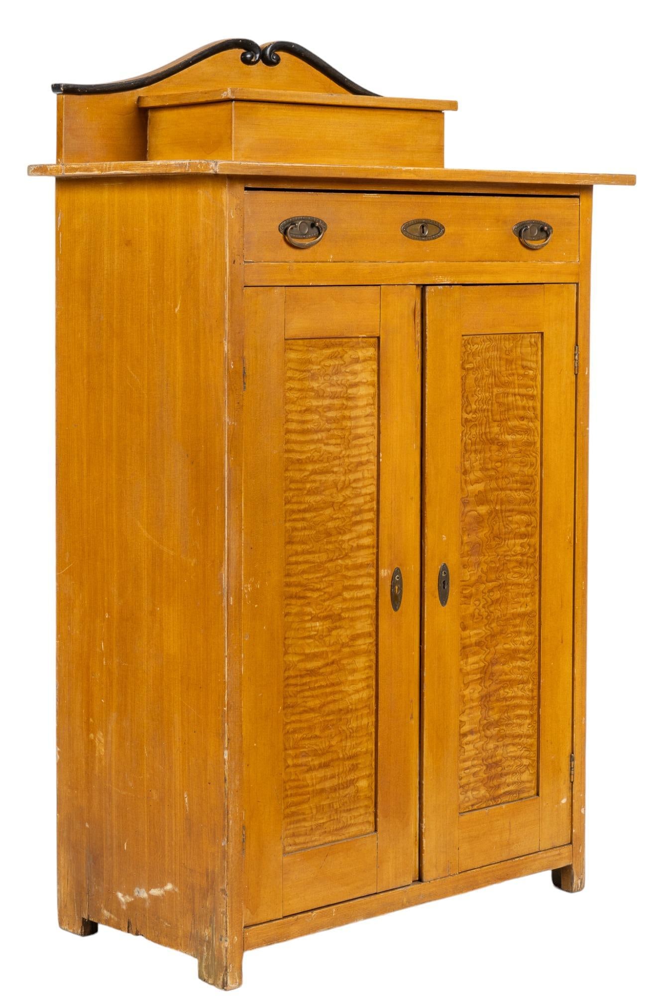 Farmhouse Cabinet: Farmhouse cabinet, featuring bow front crest, above oversize top, above single drawer with double metal pulls, above cabinet door, opening to interior storage with two shelves height 65 in. x width 41
