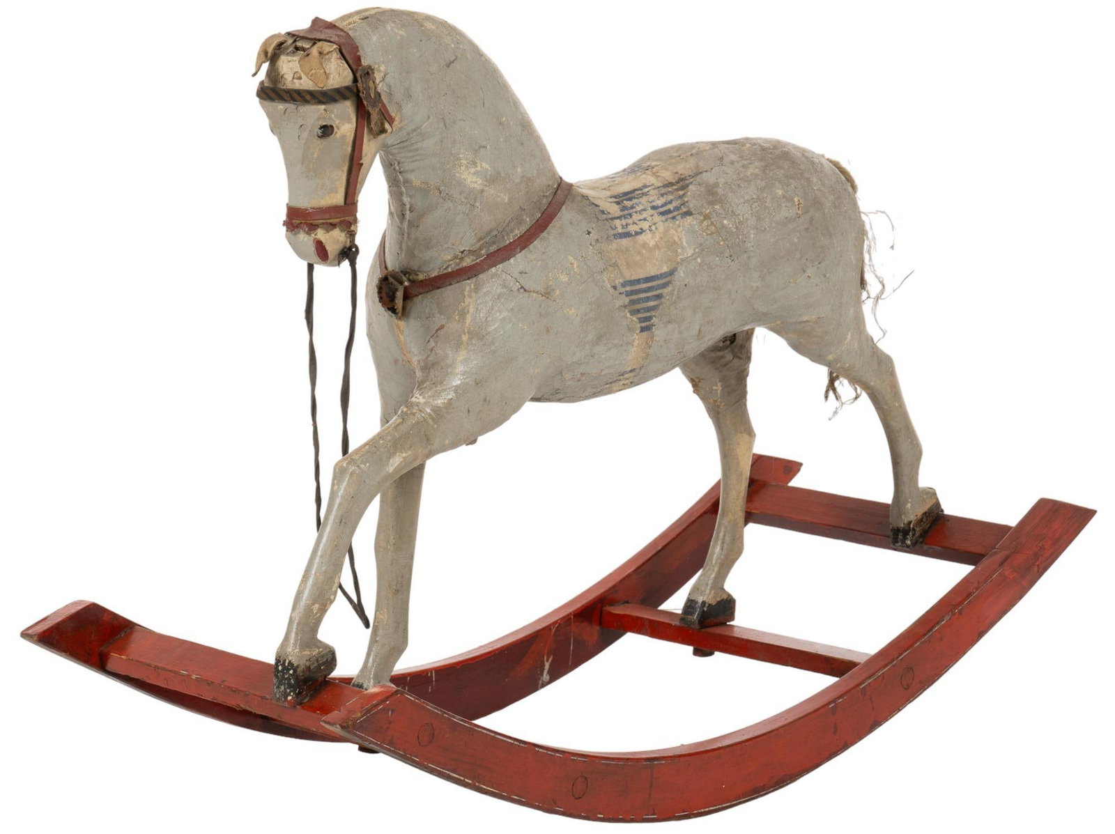 Vintage Rocking Horse: Vintage rocking horse, painted wood and hide height 29 in. x width 15 in. x depth 425 in. We happily provide seamless shipping services on everything we sell. Please email us at shipping@vogtaucti
