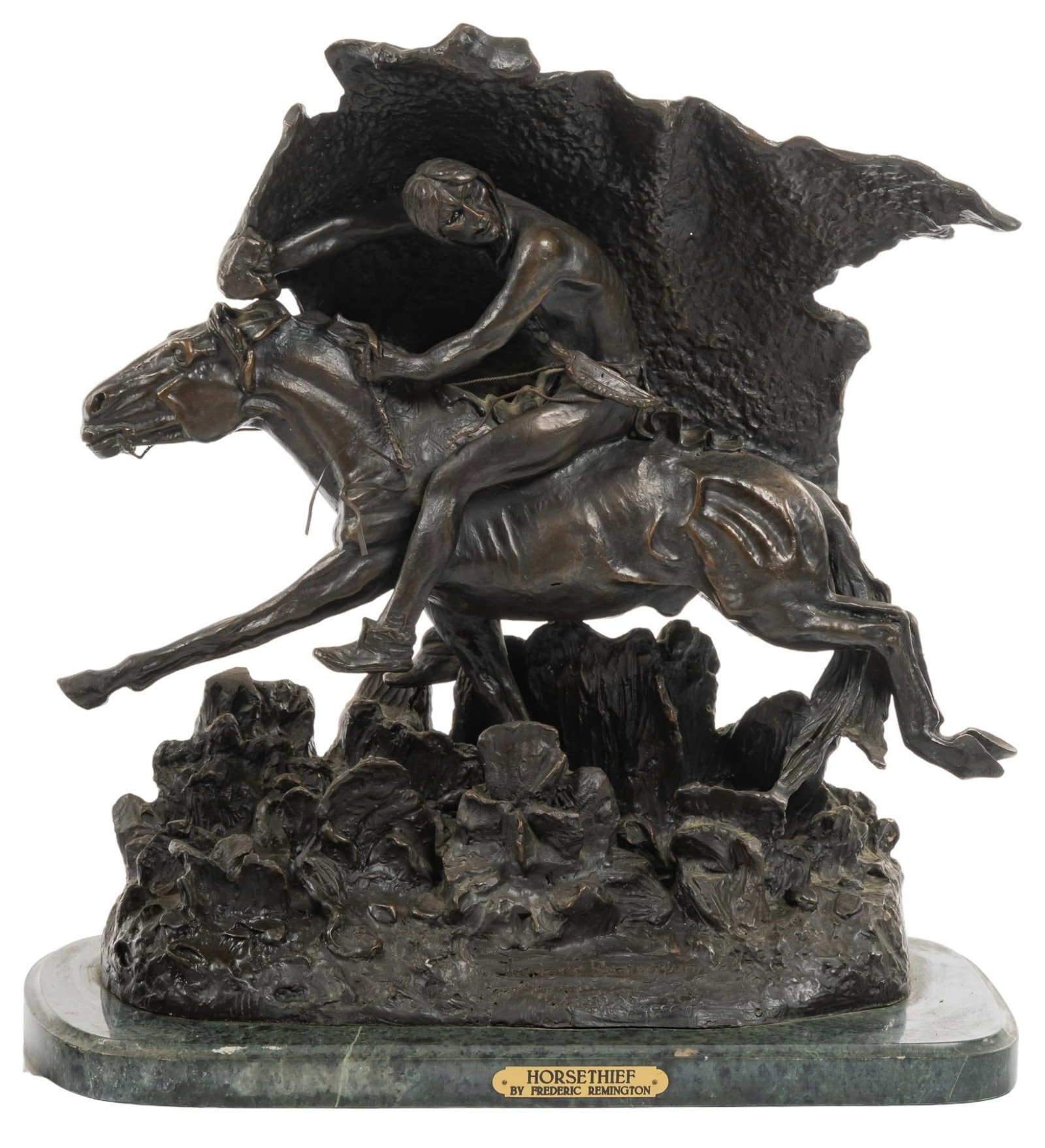 Frederic Remington, "Horse Thief": Frederic Remington (Canton, New York, 1861-1909), "Horse Thief", bronze restrike sculpture on black marble base height 21 in. x width 21 in. x depth 10 in. Provenance: Property from a large co