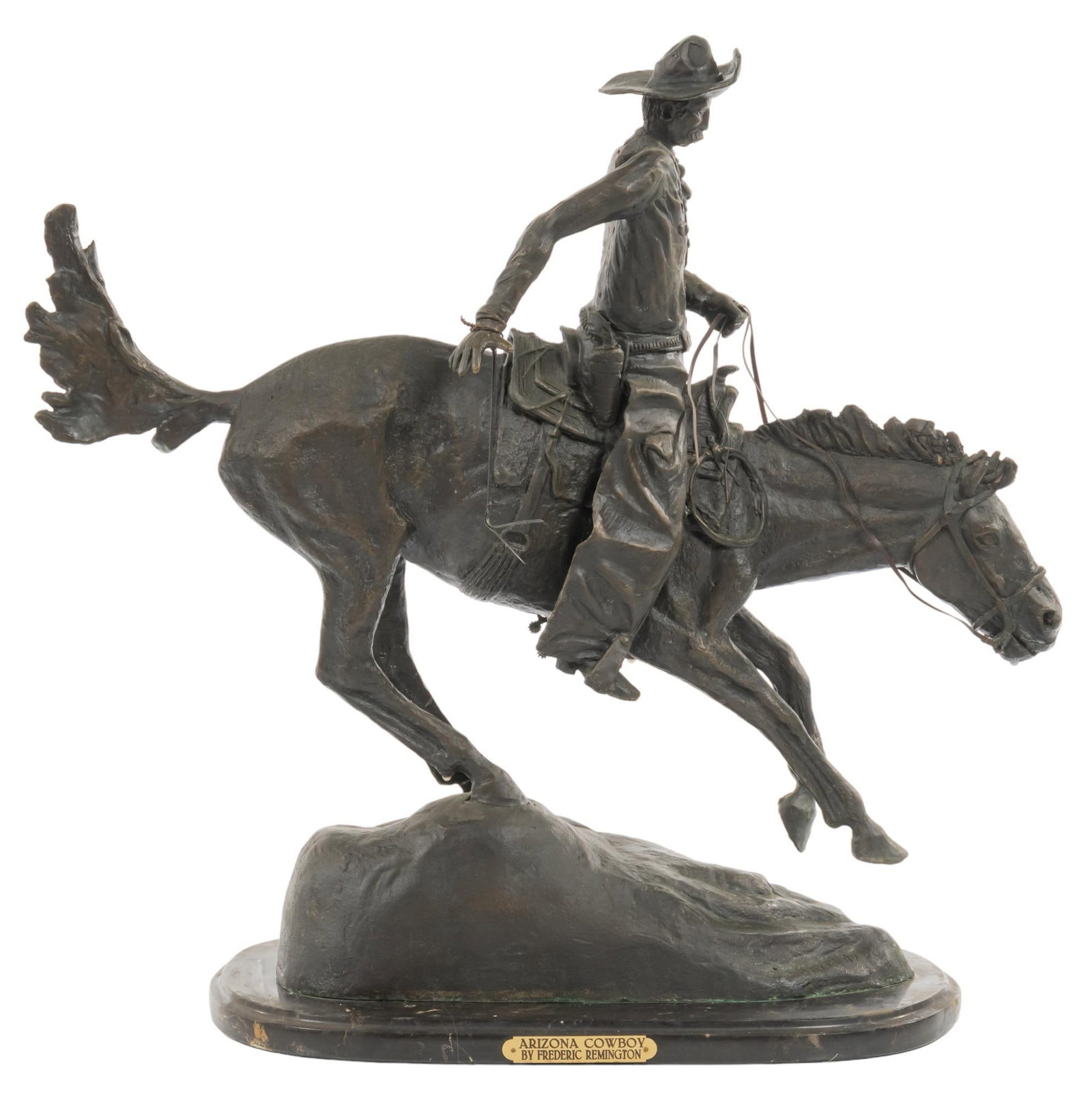 Frederic Remington, "Arizona Cowboy": Frederic Remington (Canton, New York, 1861-1909), "Arizona Cowboy", bronze restrike sculpture on black marble base height 24 in. x width 26 in. x depth 10 in. Provenance: Property from a large