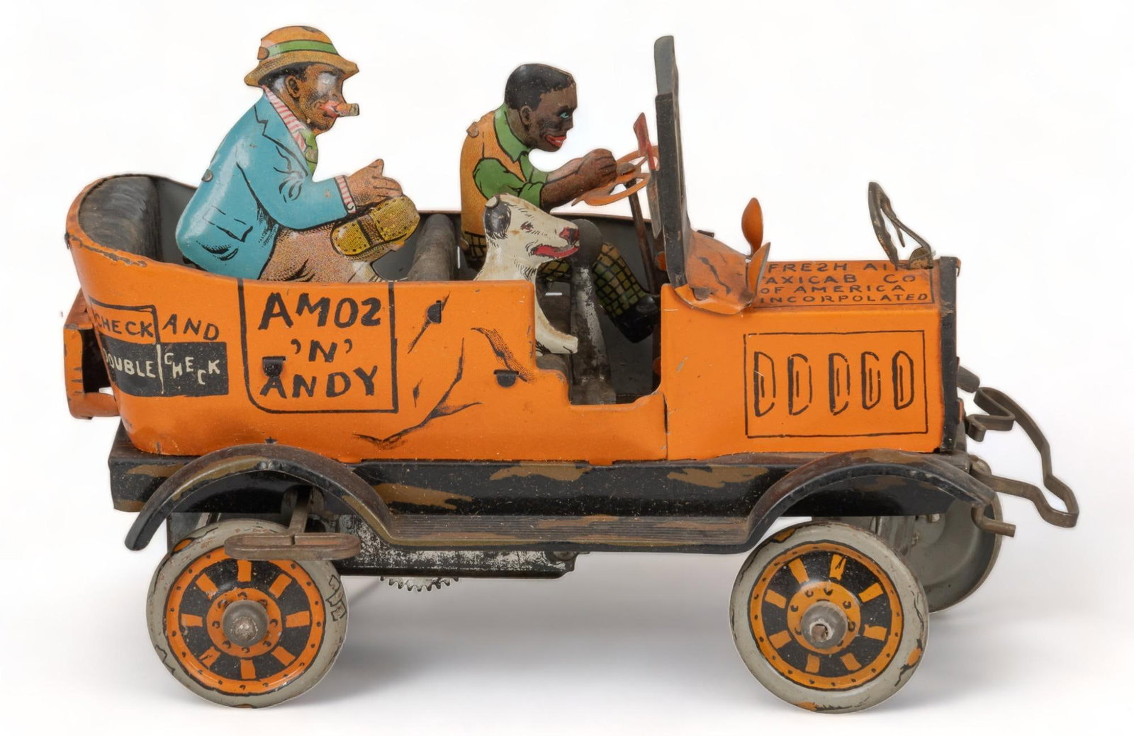 1930s Louis Marx Fresh Air Taxi Cab: Louis Marx (USA) tin litho mechanical wind up Amos n Andy fresh air taxi, three figures, partial original box, simulated wear throughout, circa 1930s height 67.5 in. x width 48 in. x depth 24 in. Prov